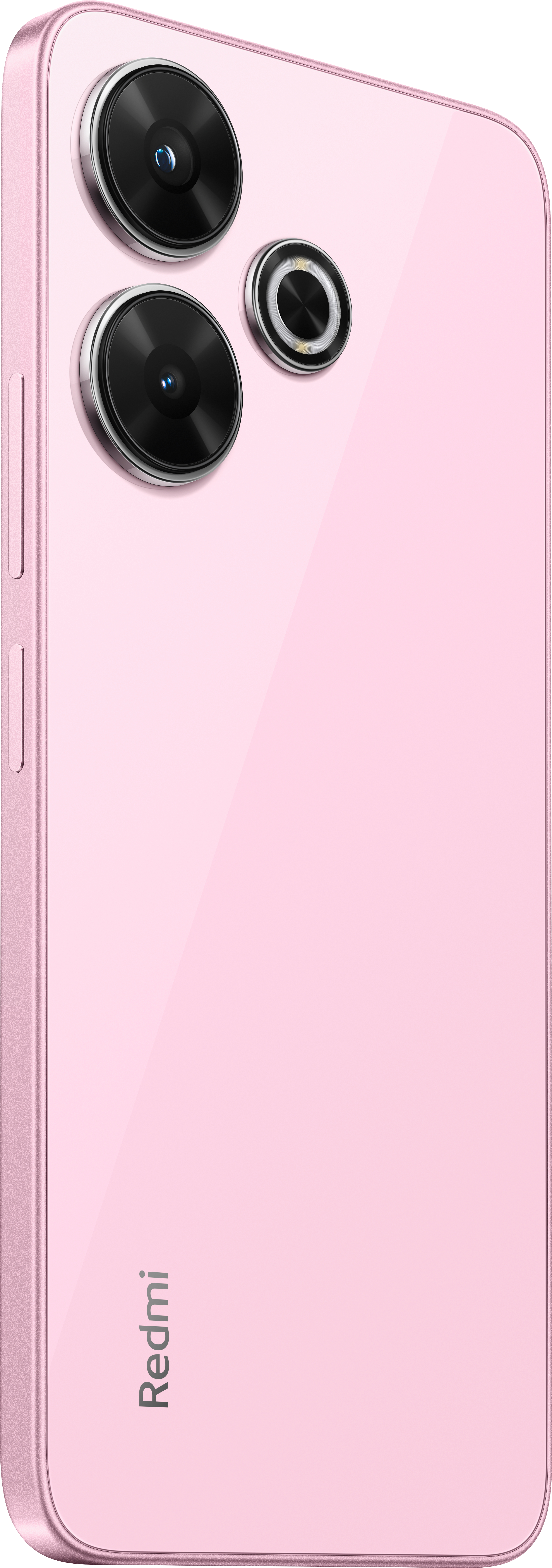 Ein pinkfarbenes Redmi-Smartphone mit drei Rückkameras.