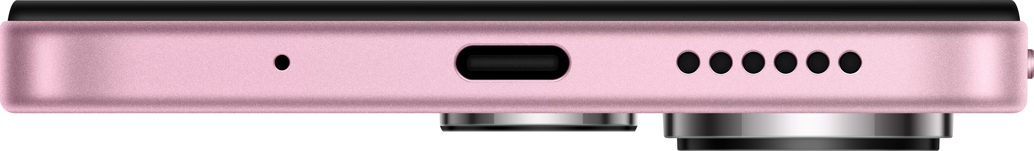 Seitenansicht eines rosa Telefons mit USB-Anschluss, Mikrofon und Lautsprechern.