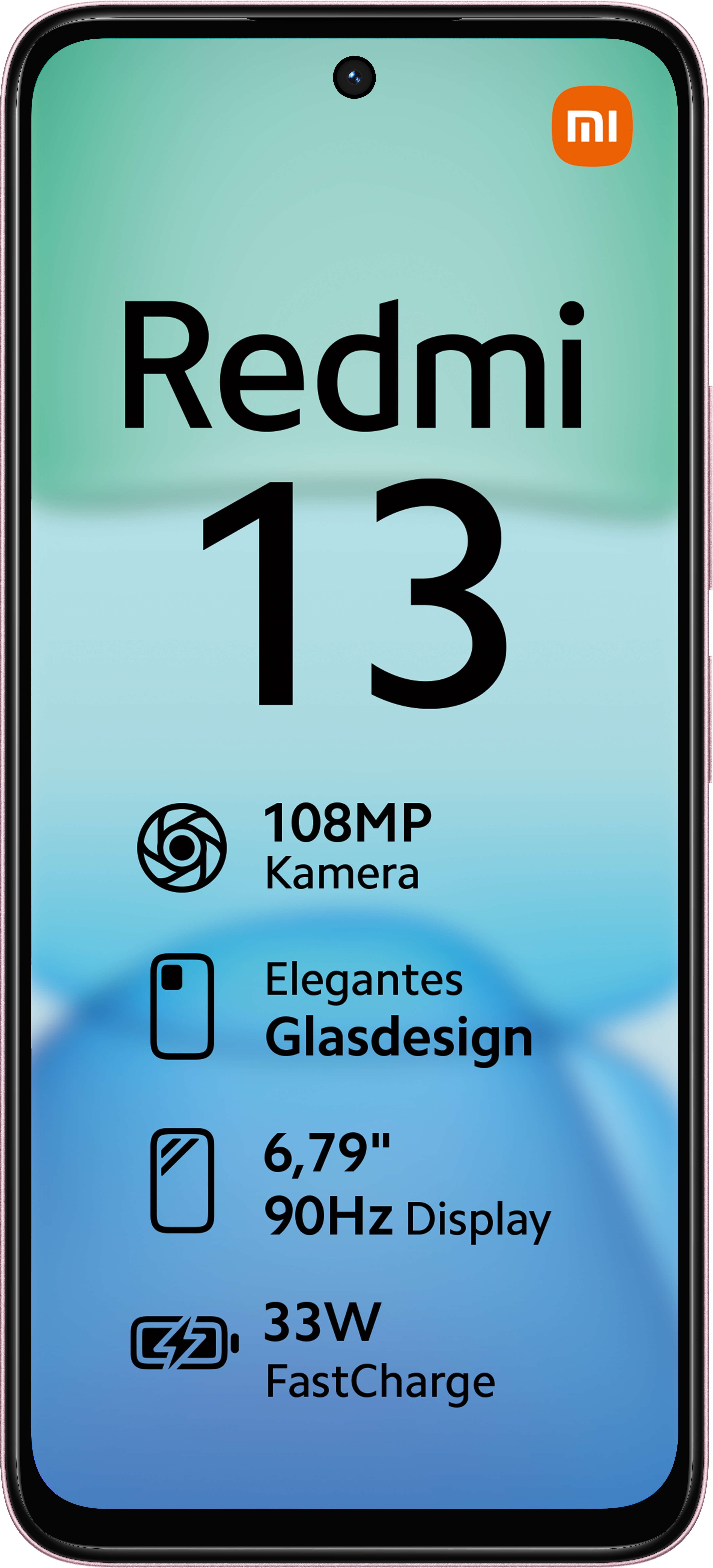 Ein pinkfarbenes Smartphone mit dem Redmi 13 Logo und Spezifikationen auf dem Bildschirm.