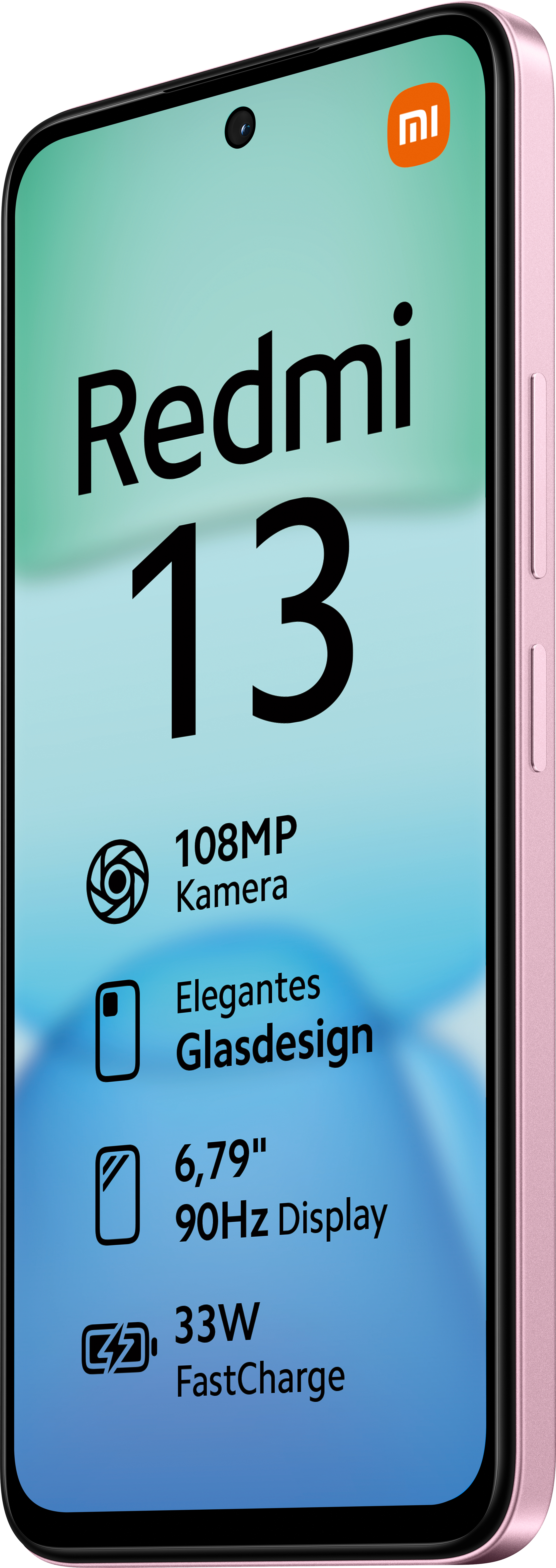 Rosa Redmi 13 Telefon. Display mit Text, 108MP Kamera. Auf weißem Hintergrund.