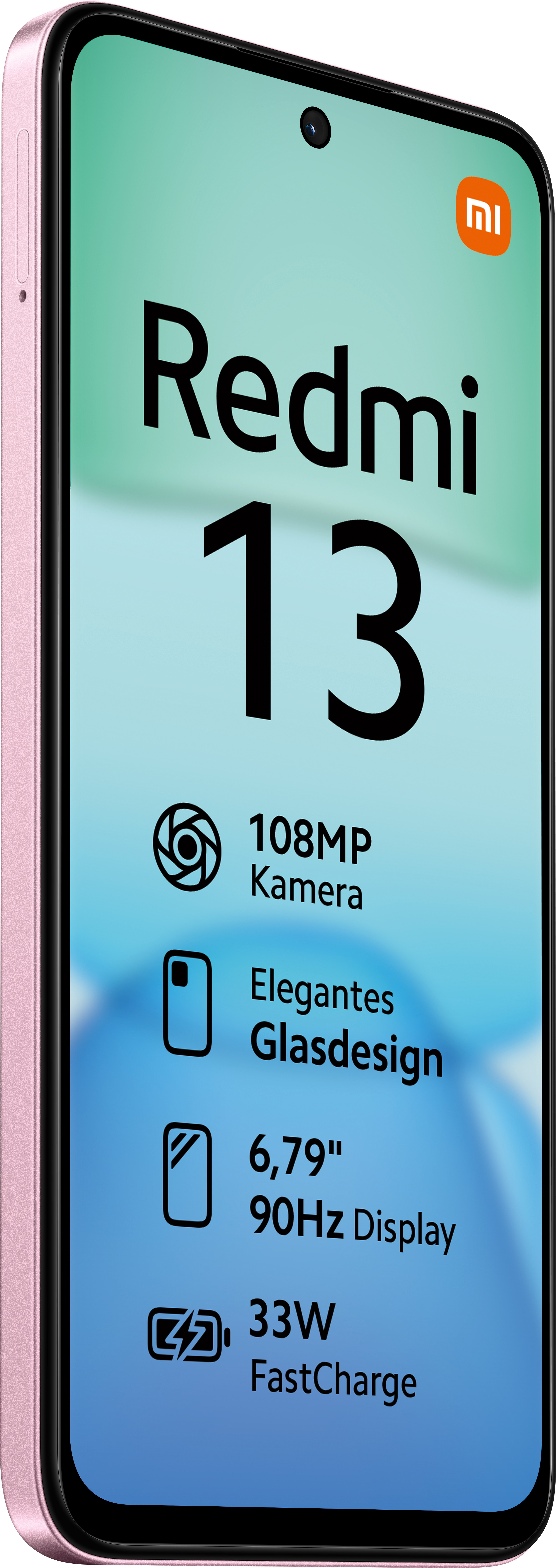 Rosa Smartphone mit schwarzem Text, Bildschirm an, Seitenansicht. Merkmale: Kamera, Display und Schnellladung.