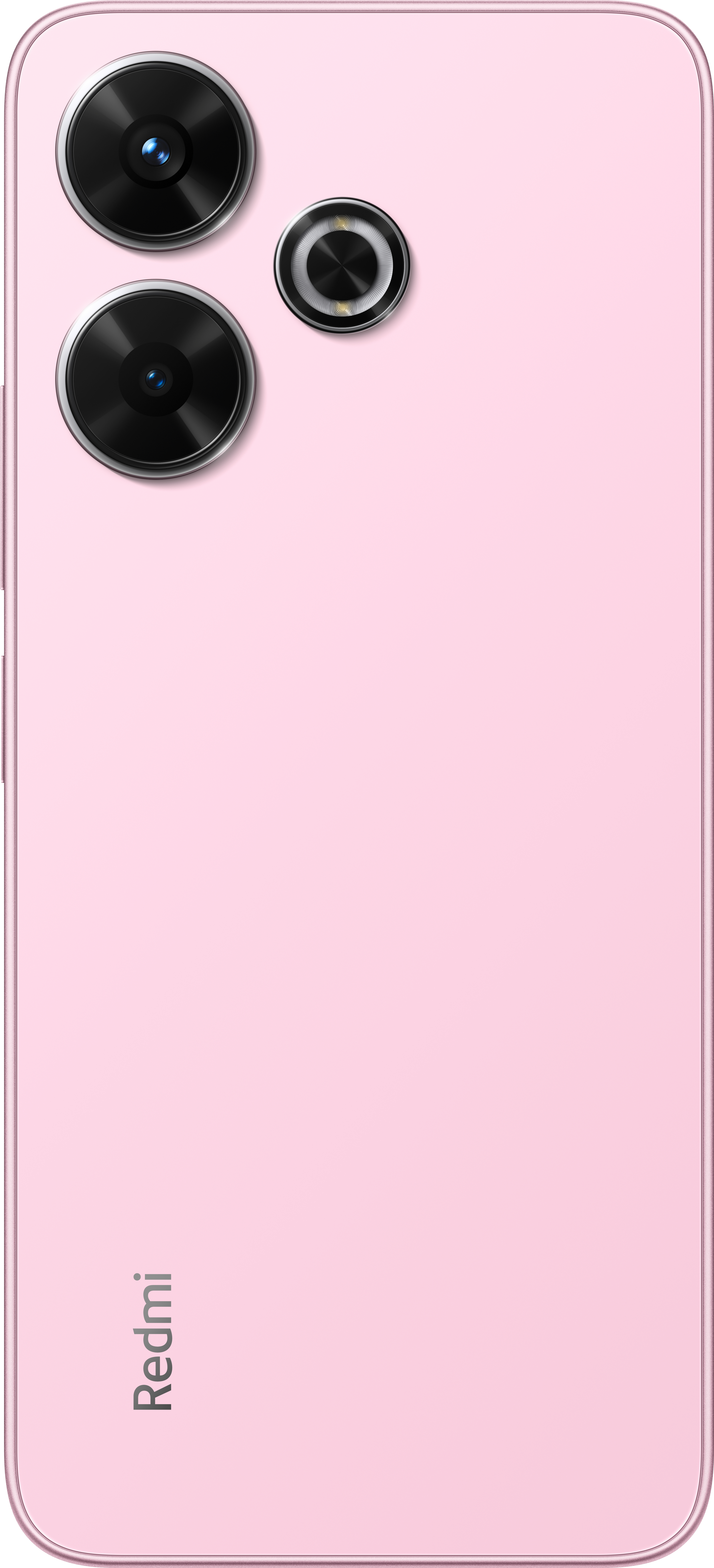 Rückseite des pinkfarbenen Smartphones mit drei Kameras. Redmi-Logo unten.