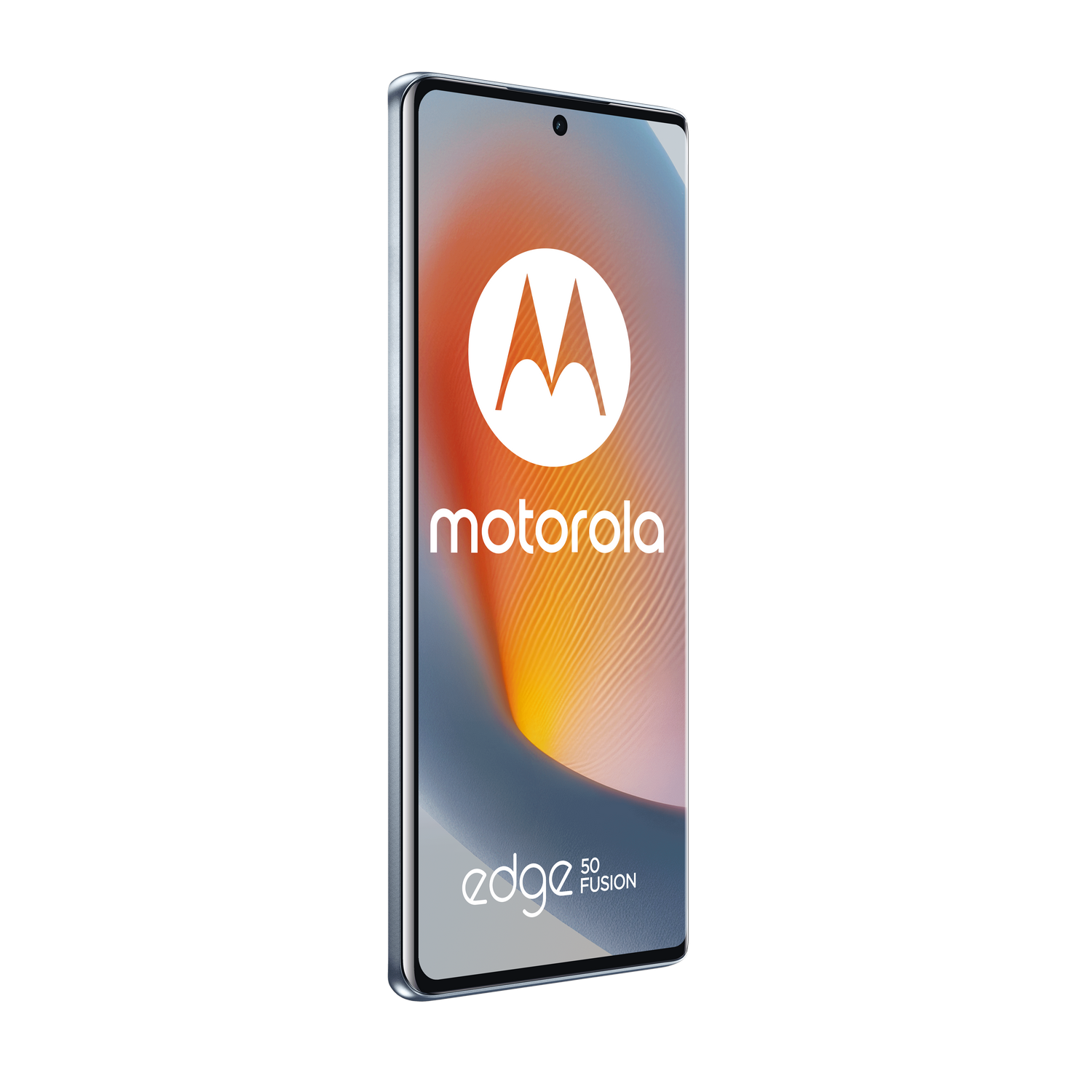Teléfono Motorola Edge 50 Fusion, fondo negro. La pantalla muestra un logotipo con fondo colorido.