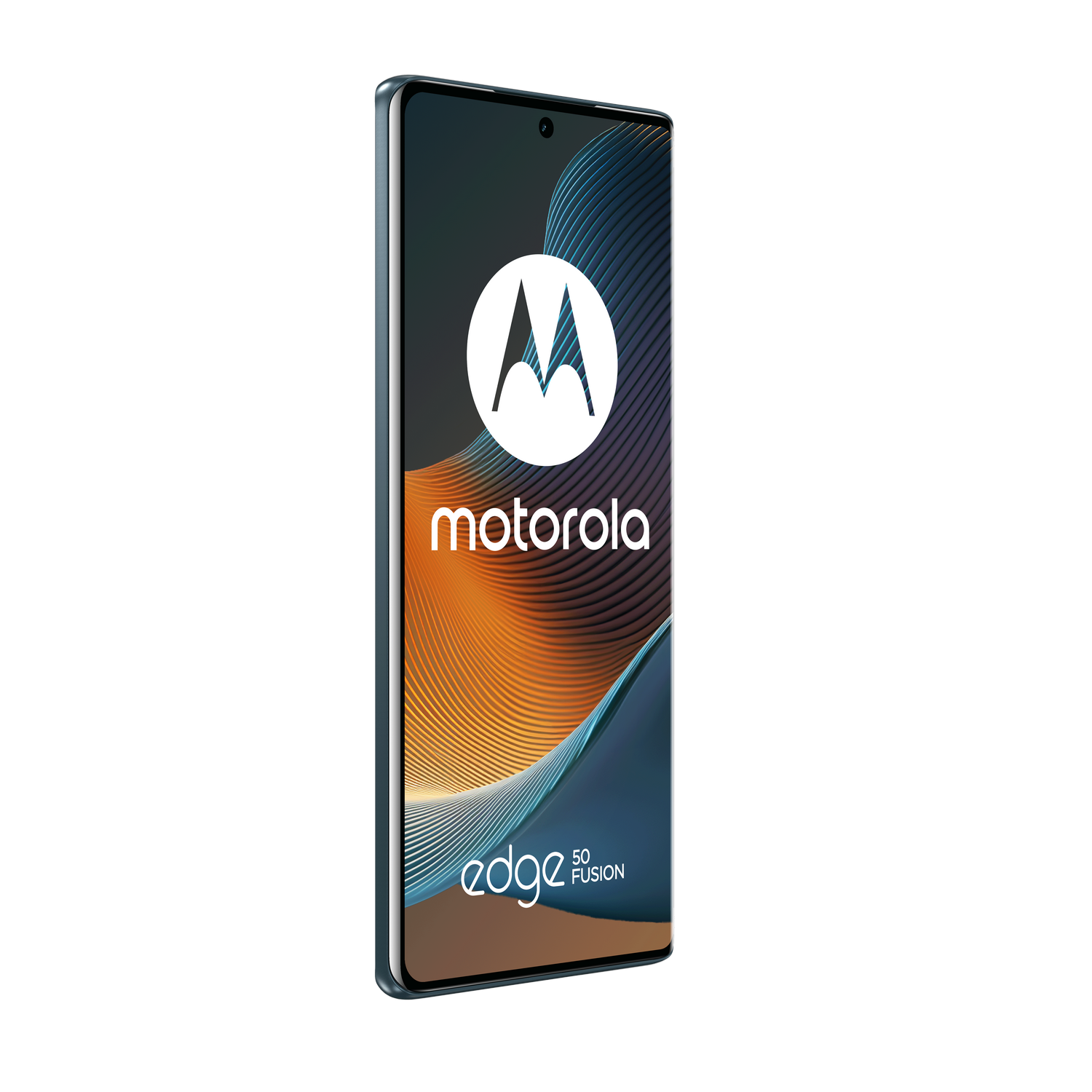 Teléfono Motorola Edge 50 Fusion sobre fondo negro. Pantalla muestra logo con fondo naranja y azul.