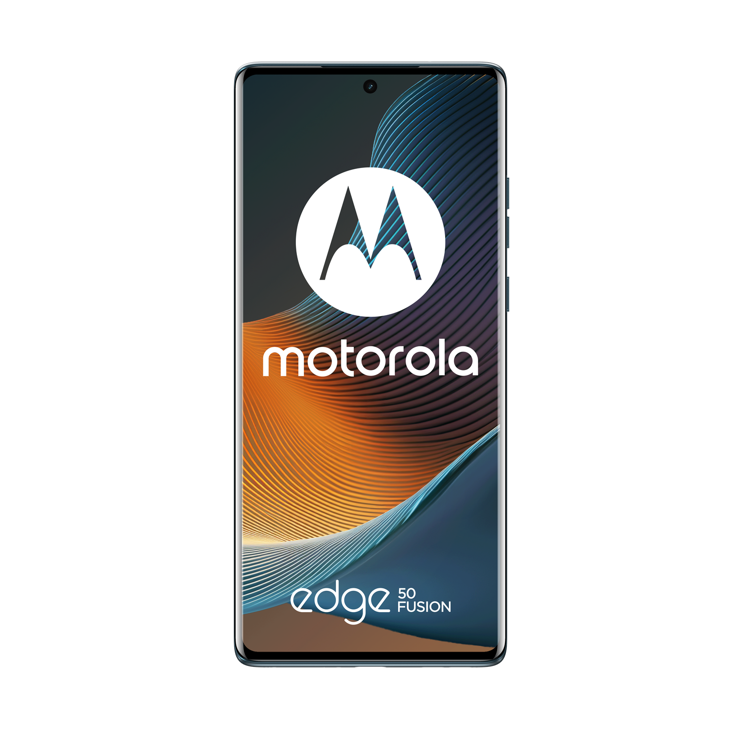 Un teléfono Motorola sobre una superficie negra, con el logotipo y 'edge 50 fusion'.