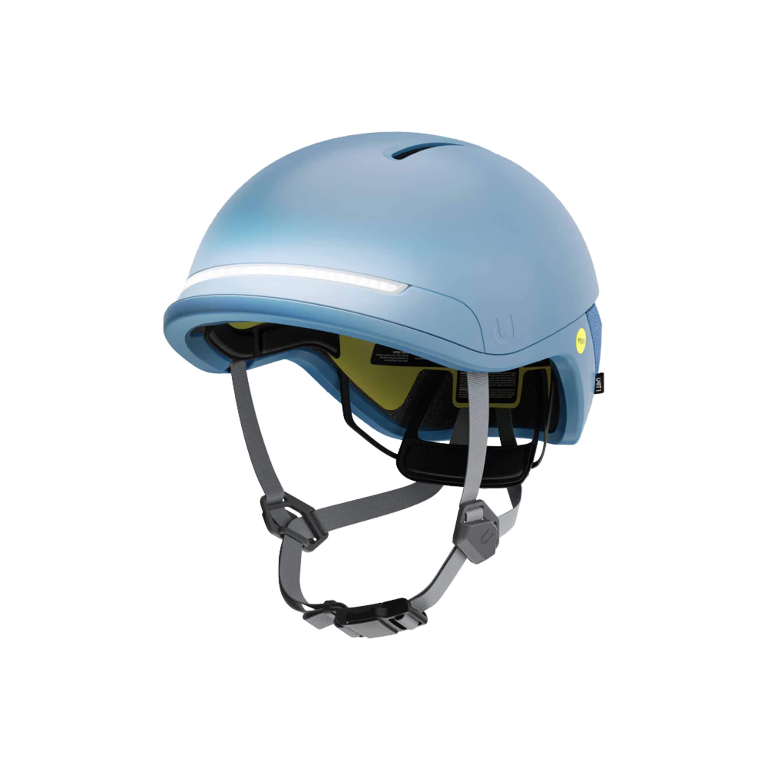 Casque de vélo bleu clair avec une bande lumineuse et des sangles.