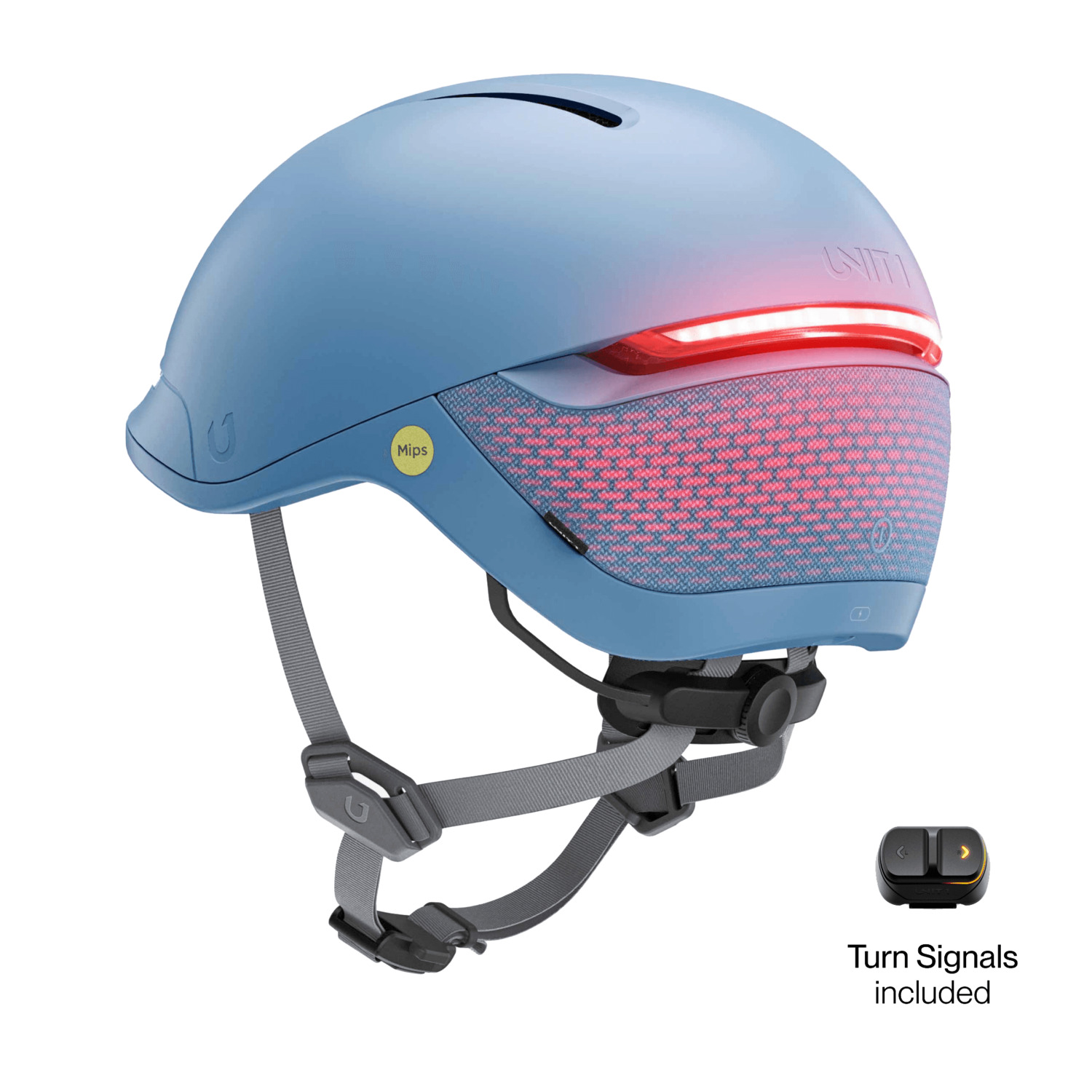 Casque bleu avec feu arrière rouge, sangles grises et commandes de clignotants.