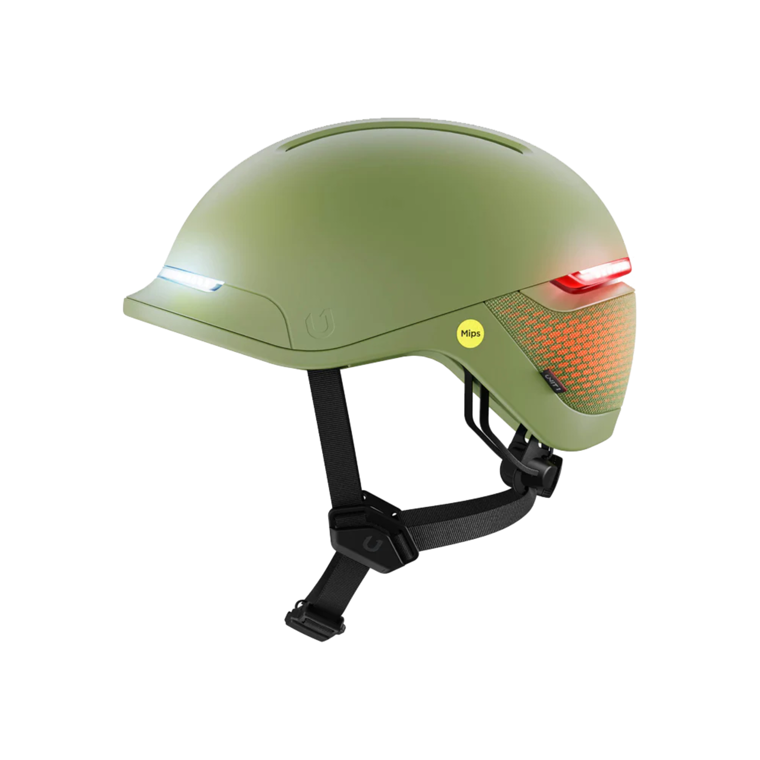 Olijfgroene fietshelm met lampjes en een luidsprekerrooster. Zwarte bandjes zijn zichtbaar.