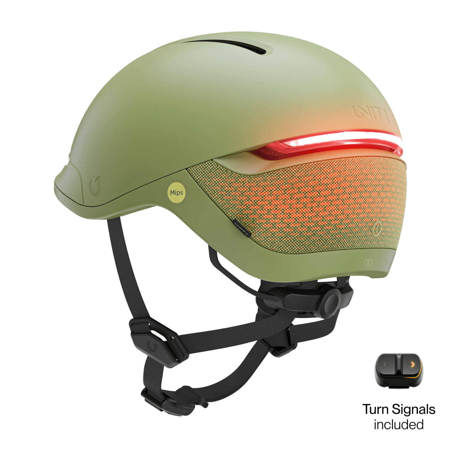 Groene fietshelm met rood licht en afstandsbediening voor richtingaanwijzers.