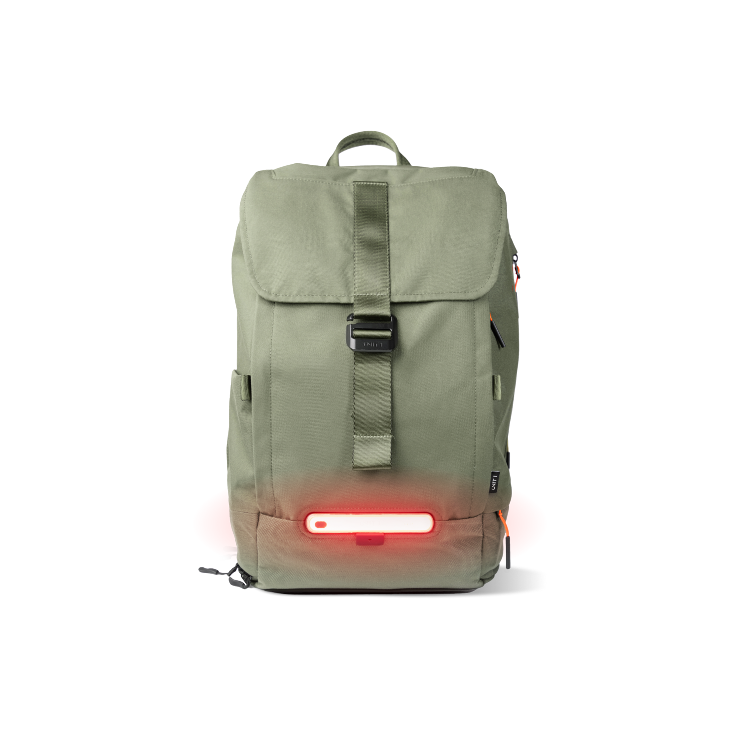 Sac à dos vert avec boucle noire et lumière rouge en bas.