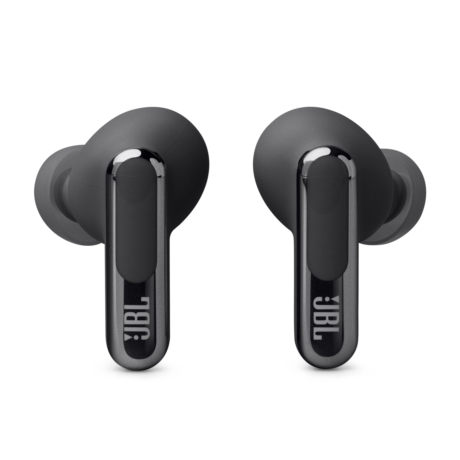 Twee zwarte JBL-oordopjes naast elkaar. Het 'JBL'-logo is op elk zichtbaar.