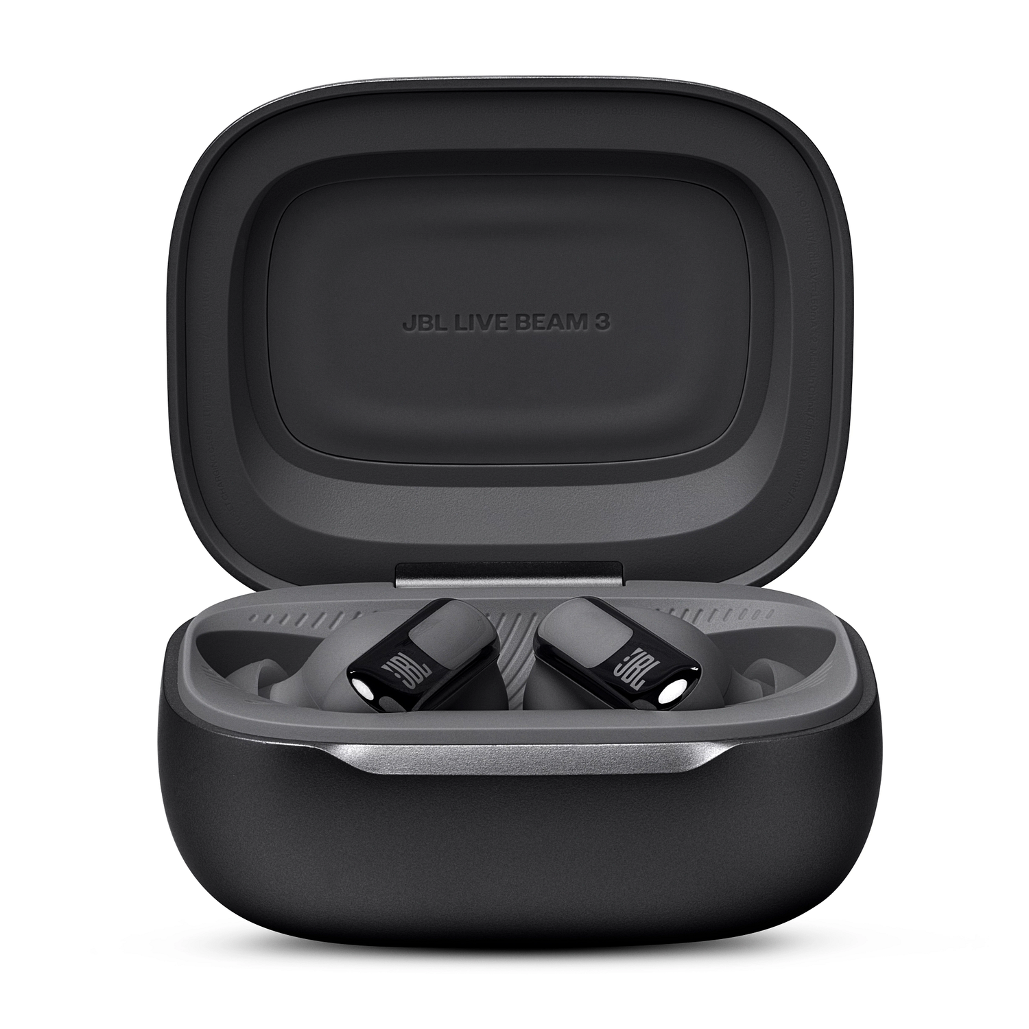 Zwarte JBL-oordopjes in hun oplaadcase.