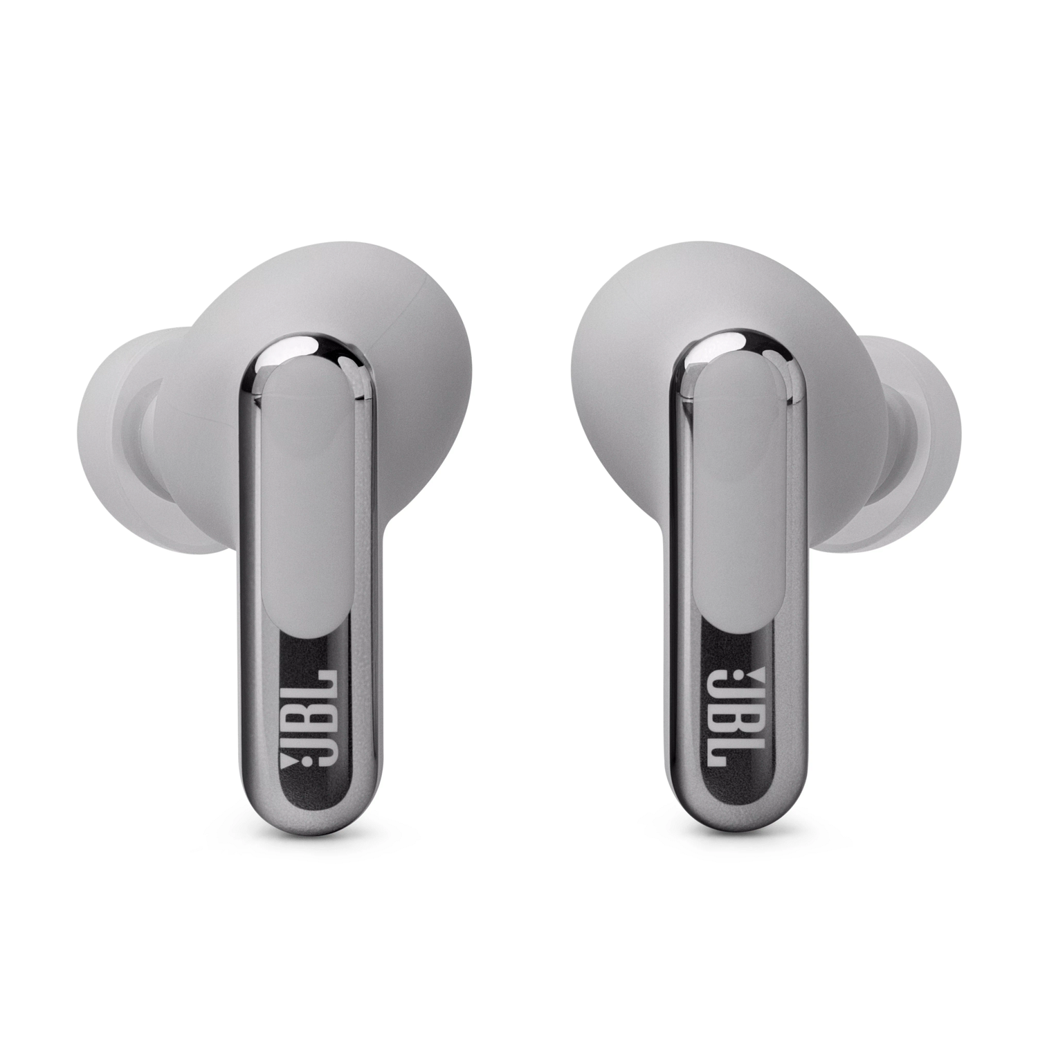 Twee grijze JBL oordopjes.
