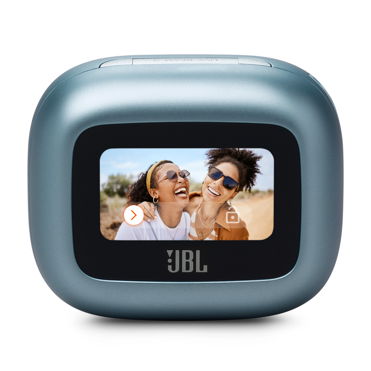 Een blauwgroene, vierkante JBL-camera met een scherm waarop twee lachende vrouwen te zien zijn.