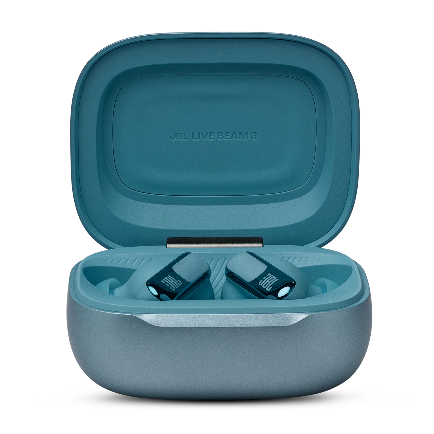 JBL LIVE BEAM 3 oordopjes in een turquoise oplaadcase.
