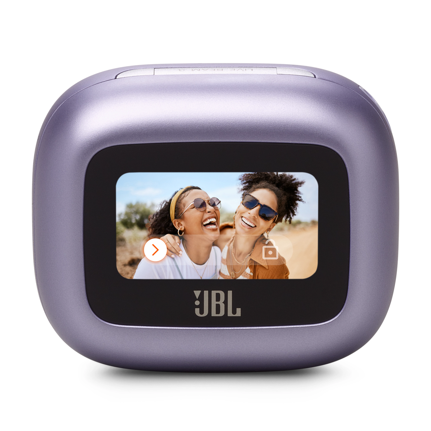 Purple JBL camera with a screen showing two women laughing.