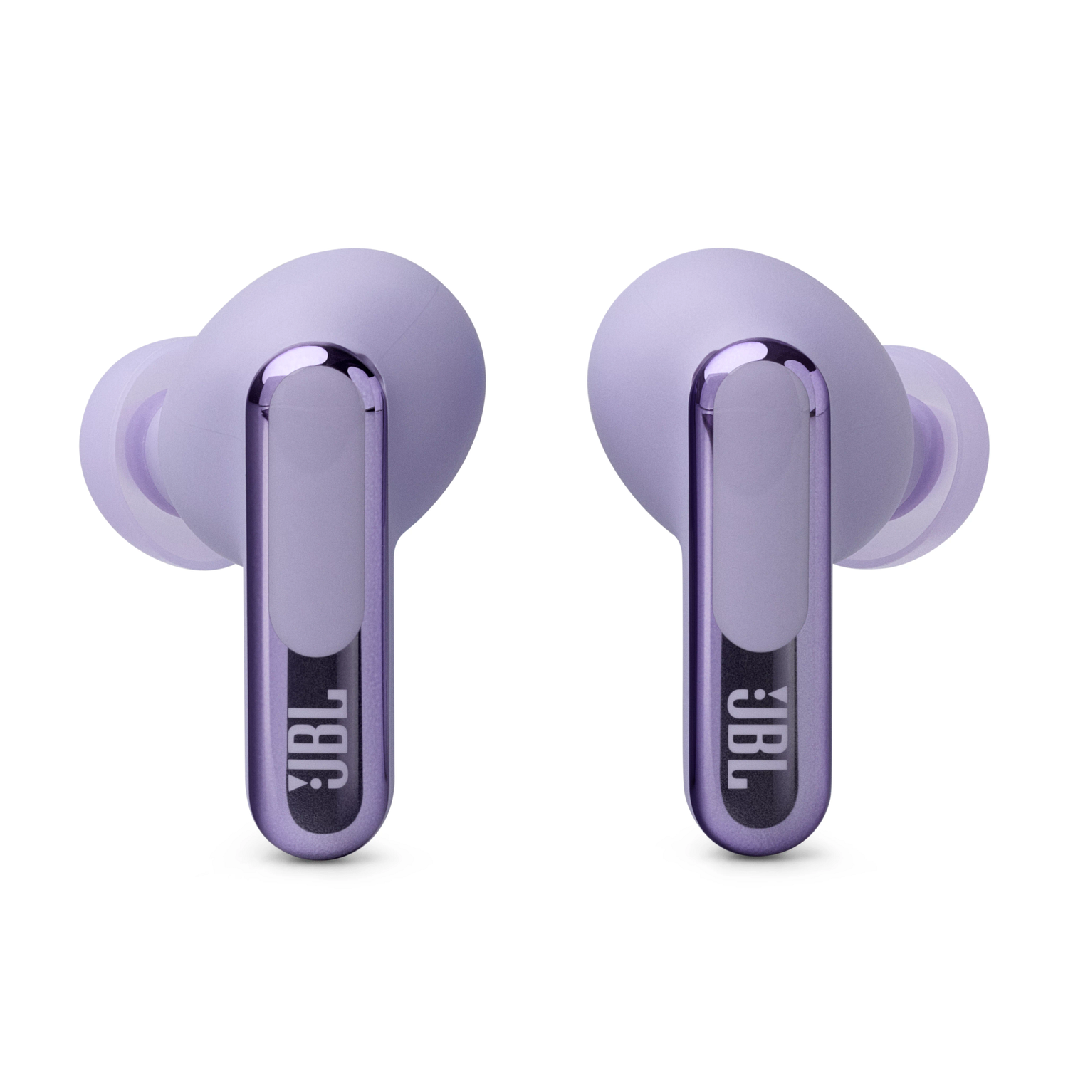 Two lavender JBL earbuds with purple accents, against a white background.