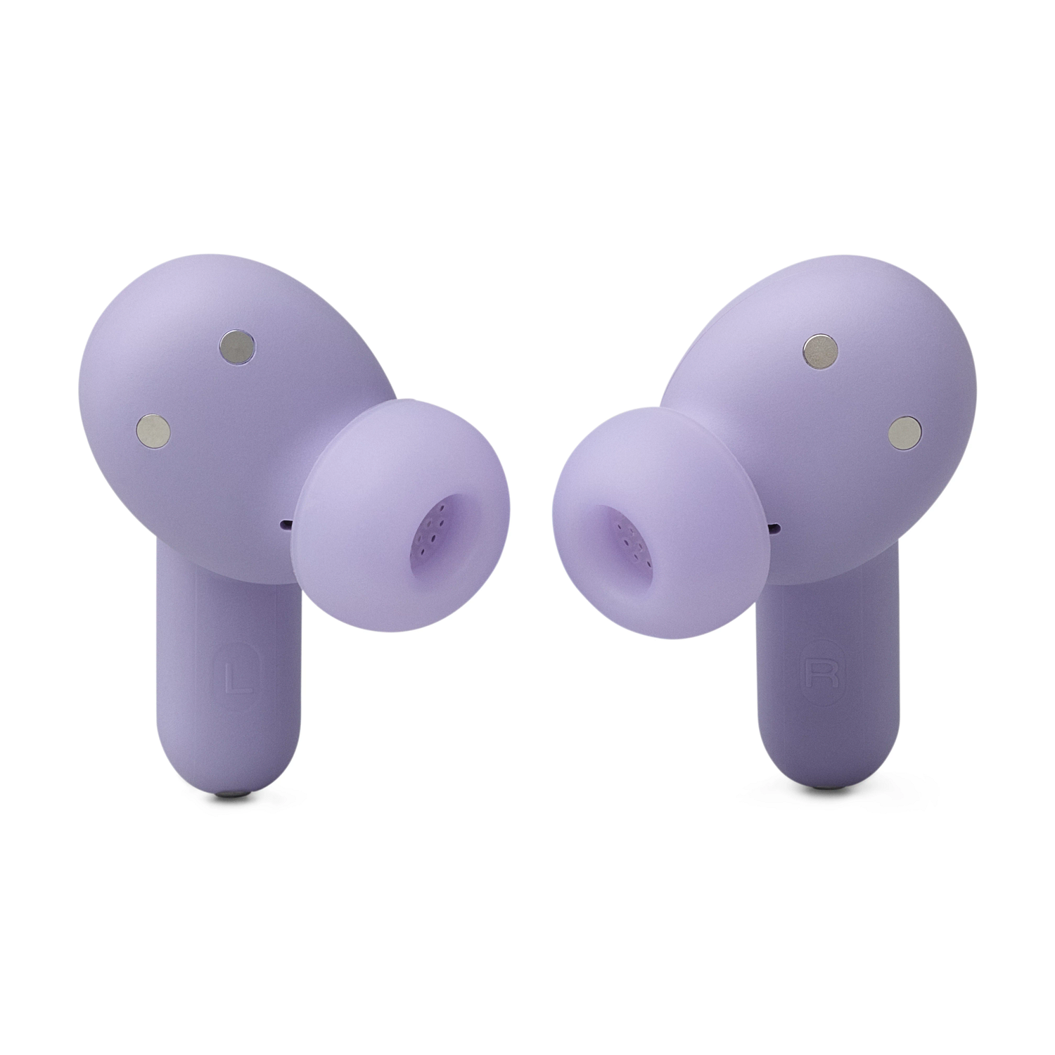 Two purple earbuds, positioned facing each other on a white surface. They are wireless.