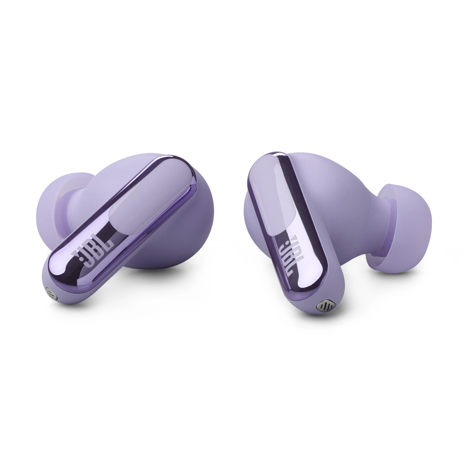 Two purple wireless earbuds with silver accents. The earbuds are on a white background.