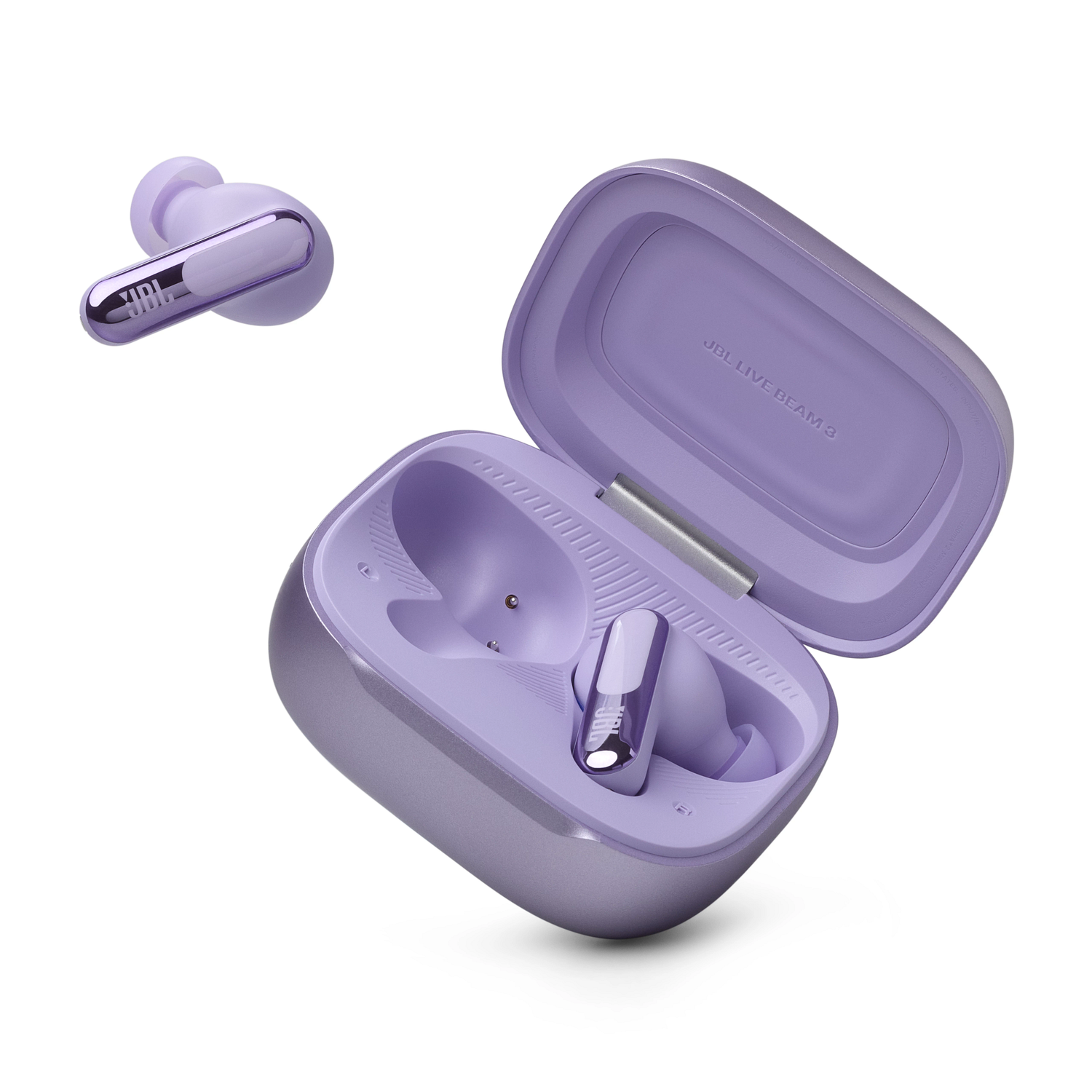 Purple JBL earbuds and charging case. One earbud is separate, the case open with one inside.