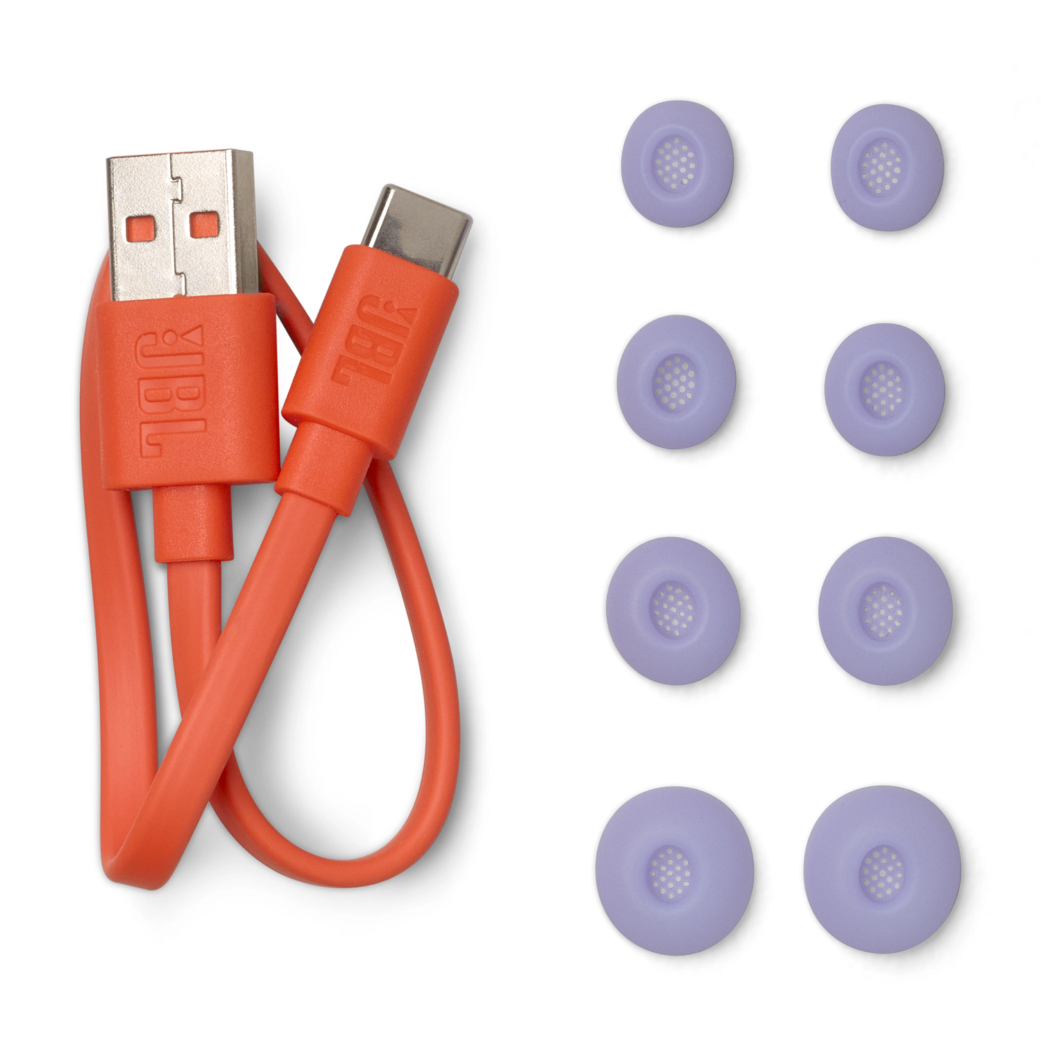 Orange USB cable and a USB-C cable with purple ear tips on a white background.