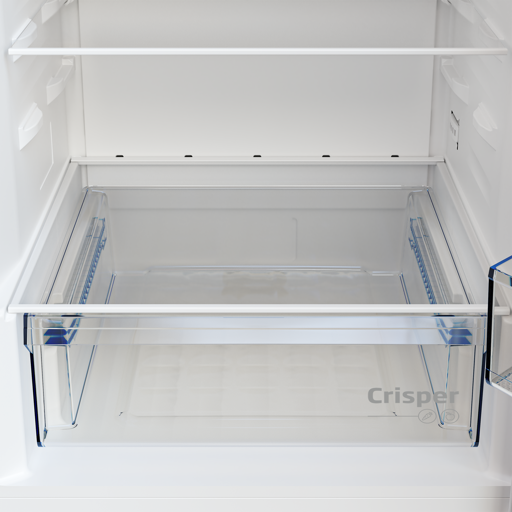 Hűtőszekrény belseje átlátszó műanyag fiókkal, 'Crisper' felirattal. Fehér polcok és tartók láthatók.