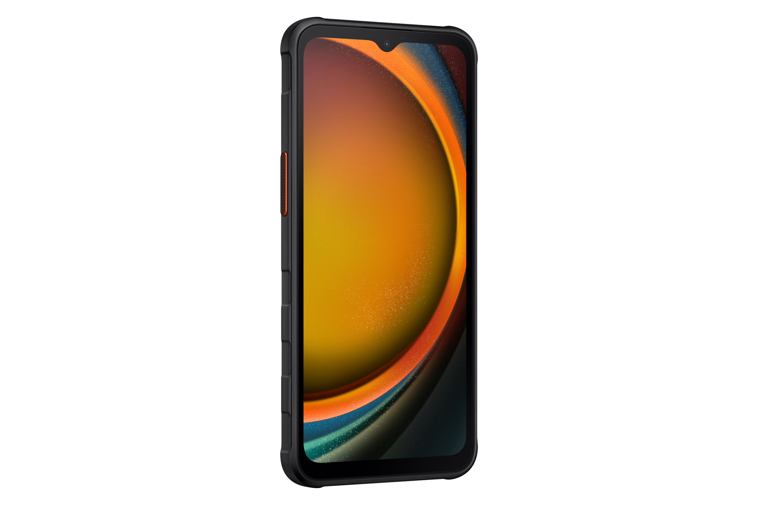 Smartphone negro con gradiente naranja y amarillo en la pantalla.