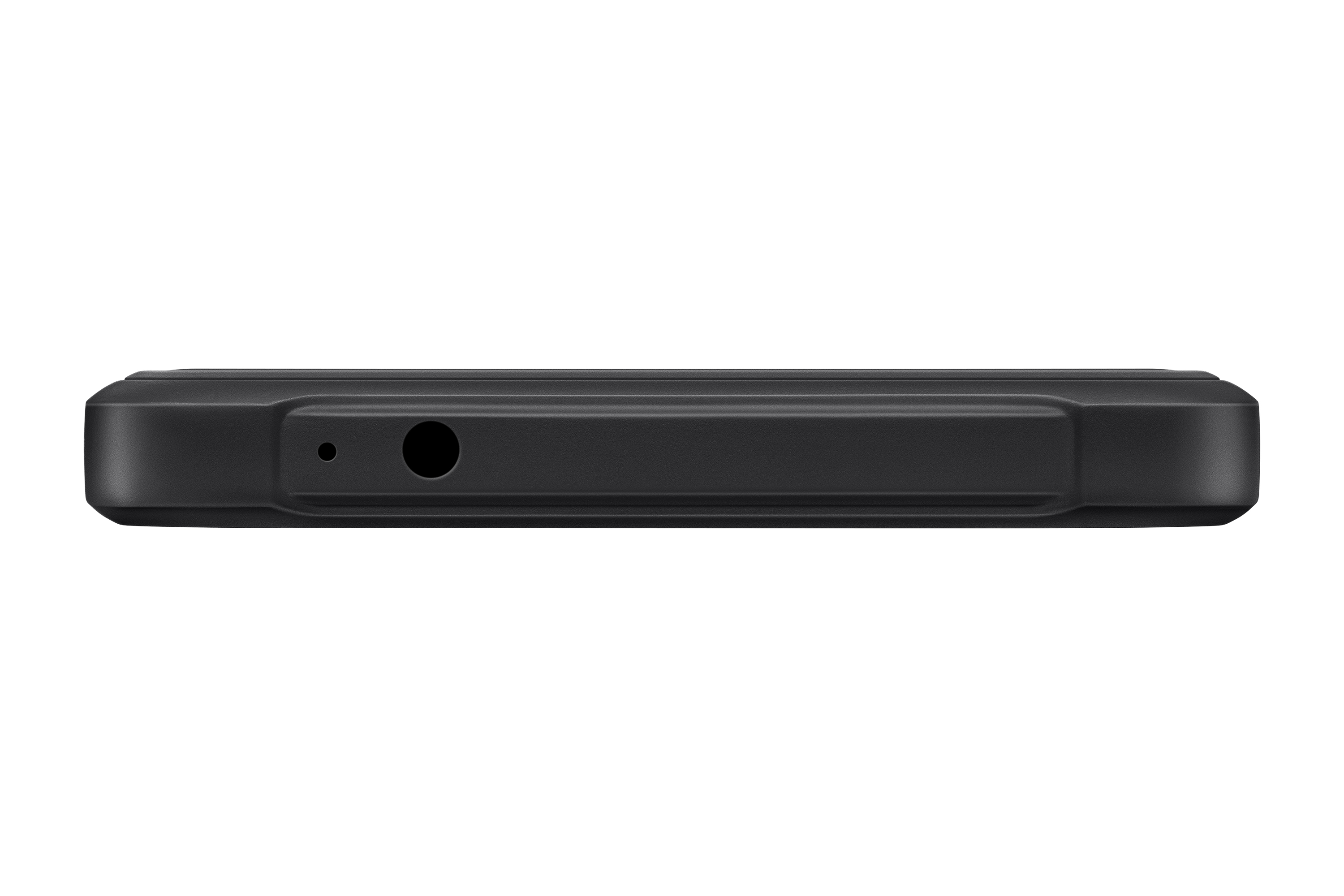 Dispositivo rectangular negro con conector para auriculares. Limpio, simple y minimalista.