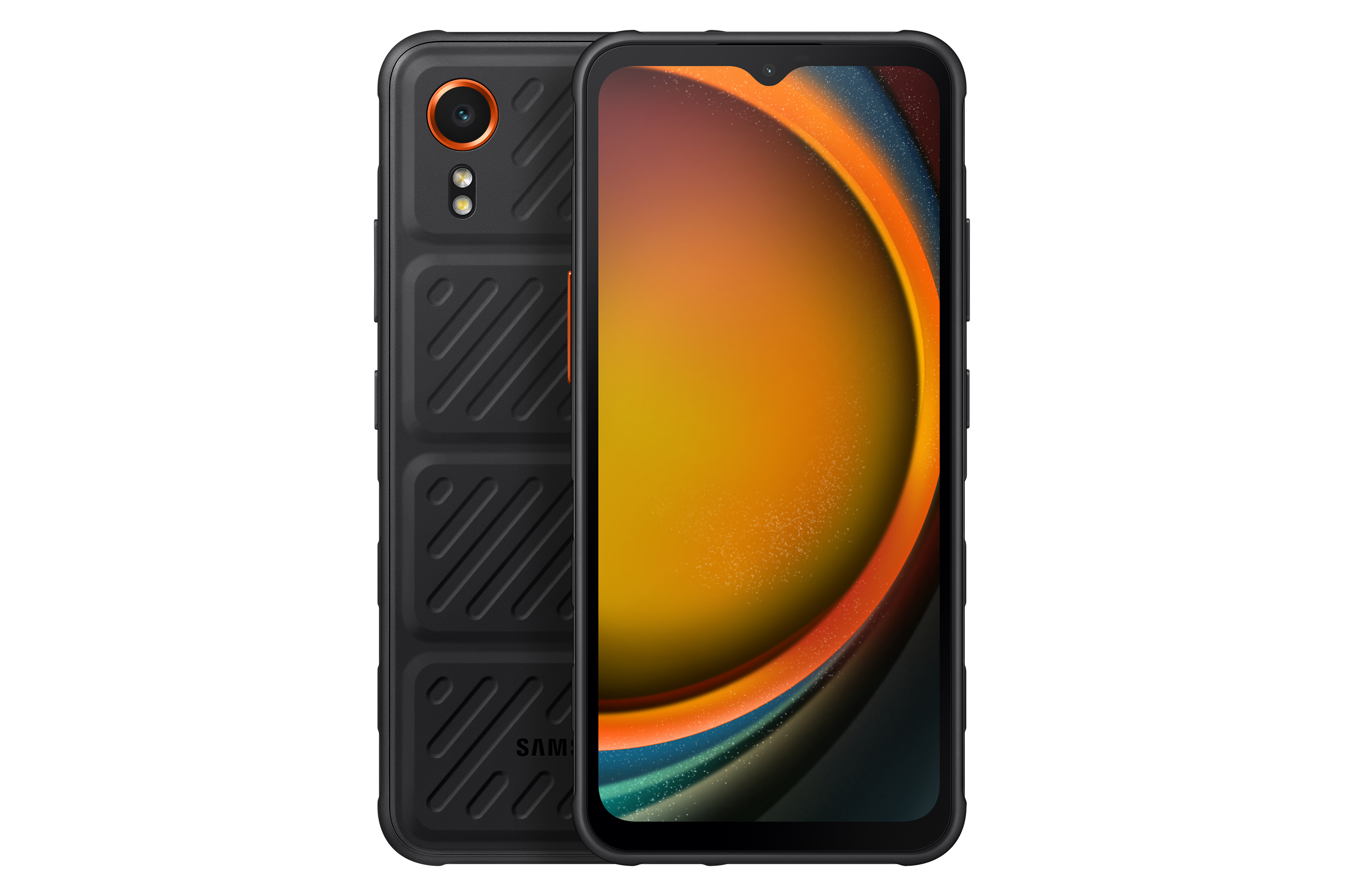 Smartphone negro con detalles en naranja. Cuenta con una cámara trasera y una pantalla curva.