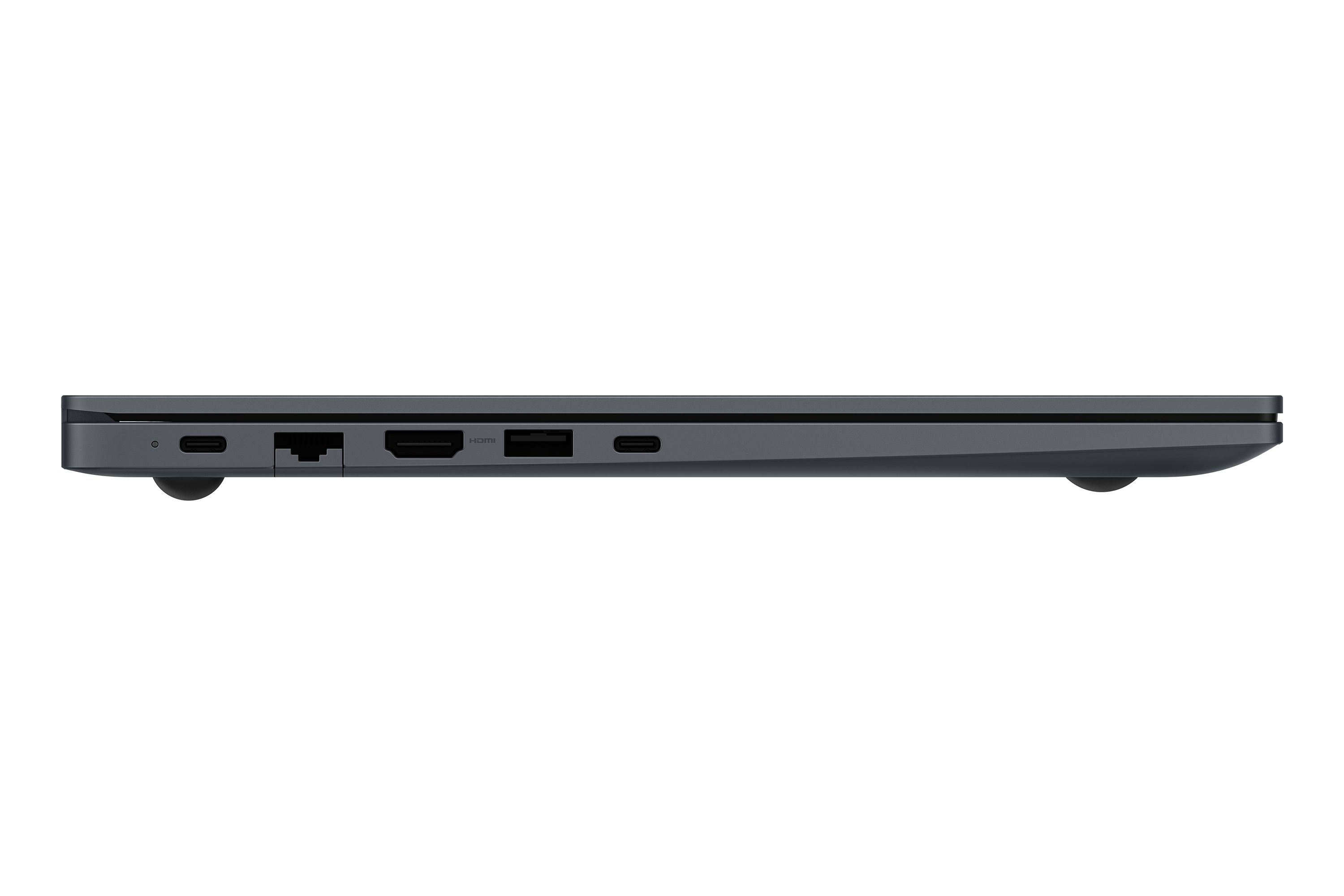 Vista lateral de un portátil gris oscuro. Puertos: USB-C, Ethernet, HDMI y USB. El portátil está cerrado.