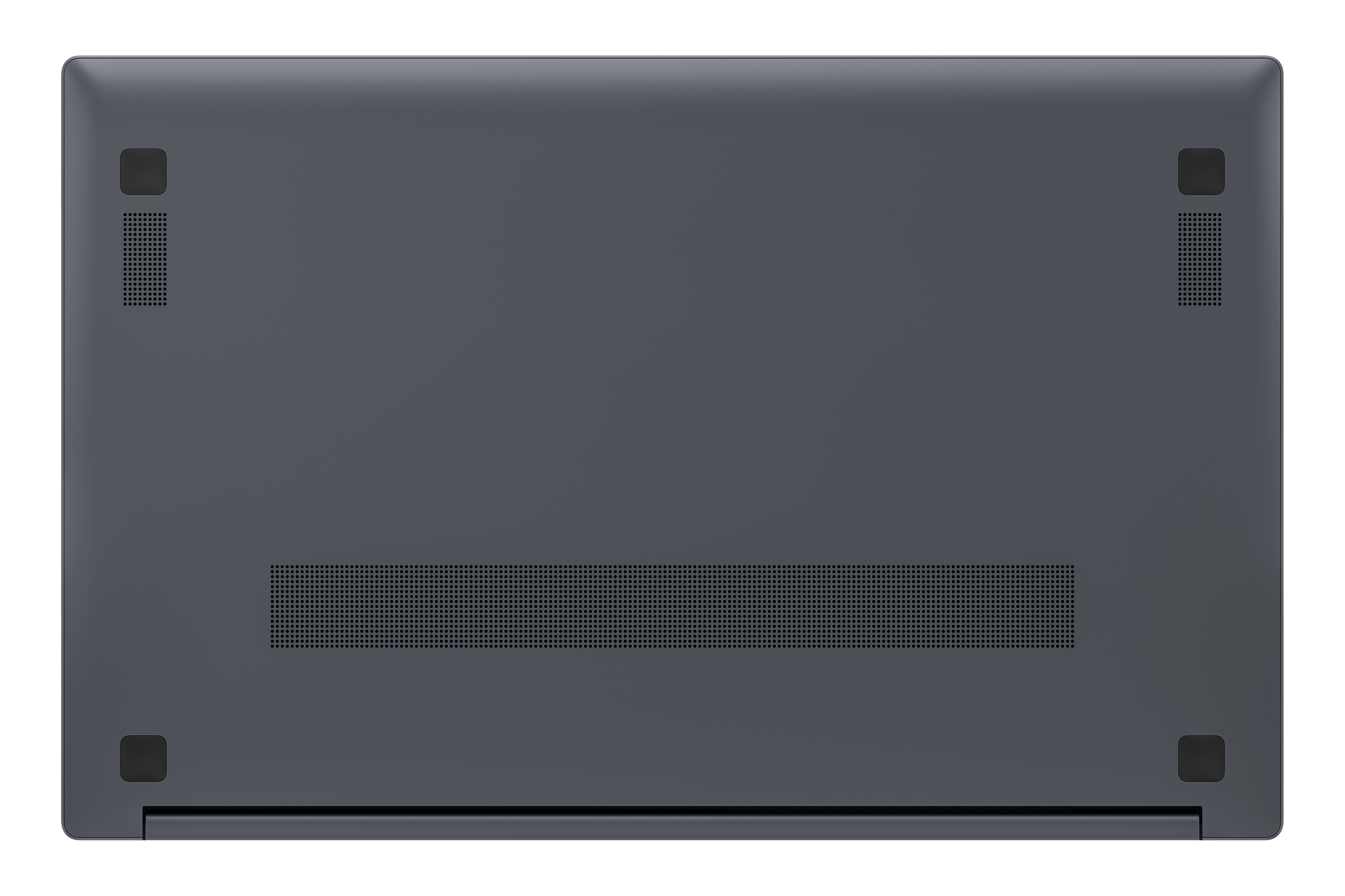 Parte inferior de una laptop gris oscuro. Tiene ventilaciones y patas de goma. La superficie es lisa.