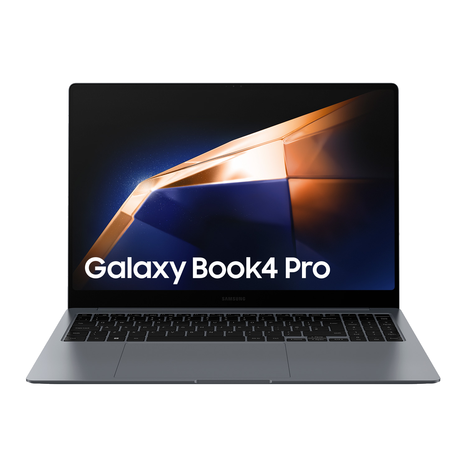 Una computadora portátil con una pantalla que muestra un diseño geométrico y las palabras 'Galaxy Book4 Pro'. El teclado es visible abajo.