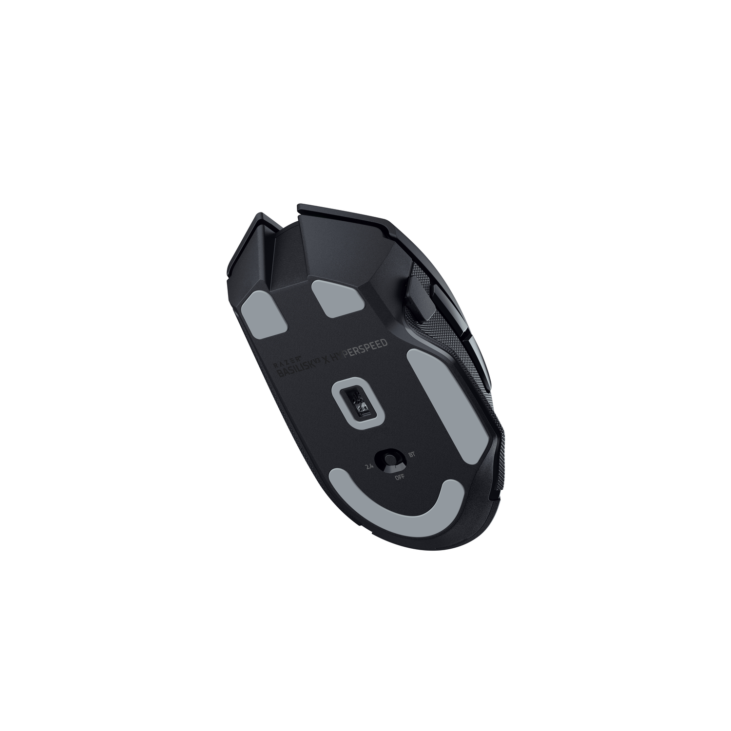 Zwarte gamingmuis, bovenaanzicht, met grijze pads en knoppen.
