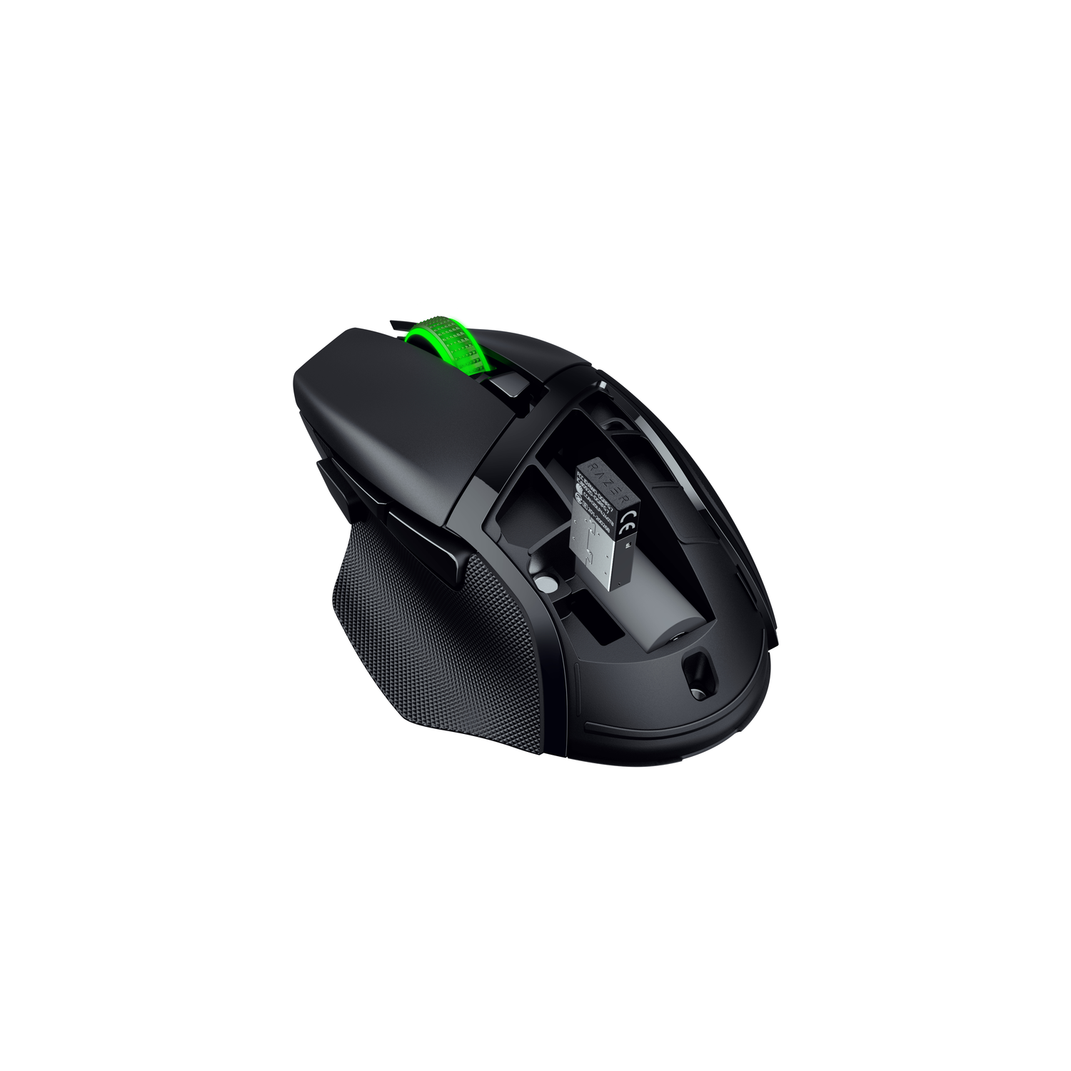 Een zwarte Razer gaming muis met een groen scrollwiel, open om het batterijvak te laten zien.