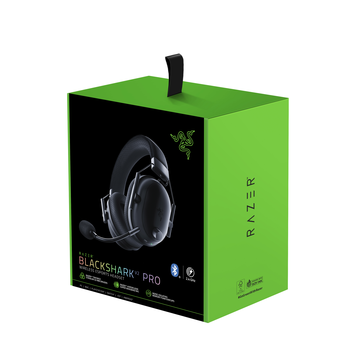 Groene en zwarte Razer Blackshark V2 Pro doos met headset afbeelding en tekst.