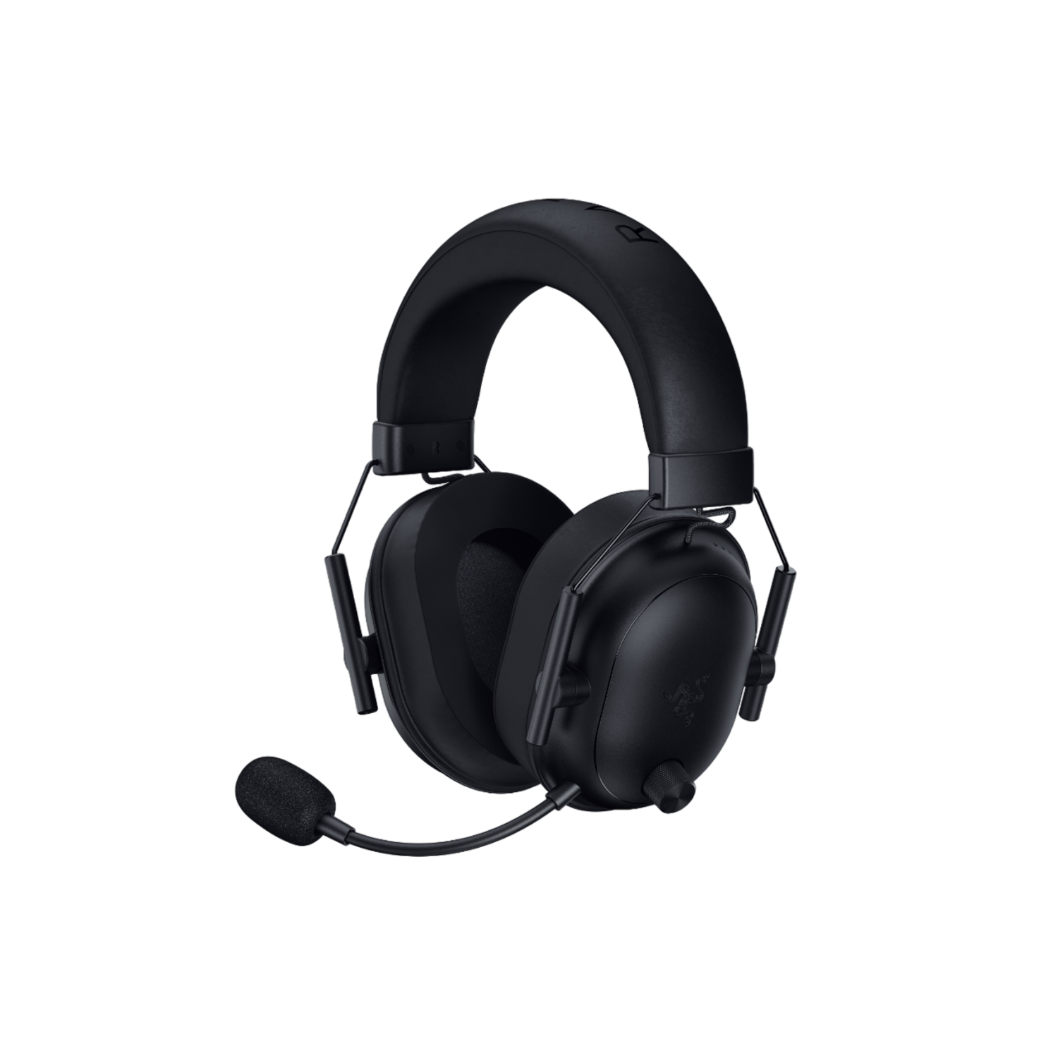Zwarte Razer gaming headset met een microfoon, op een zwarte achtergrond.