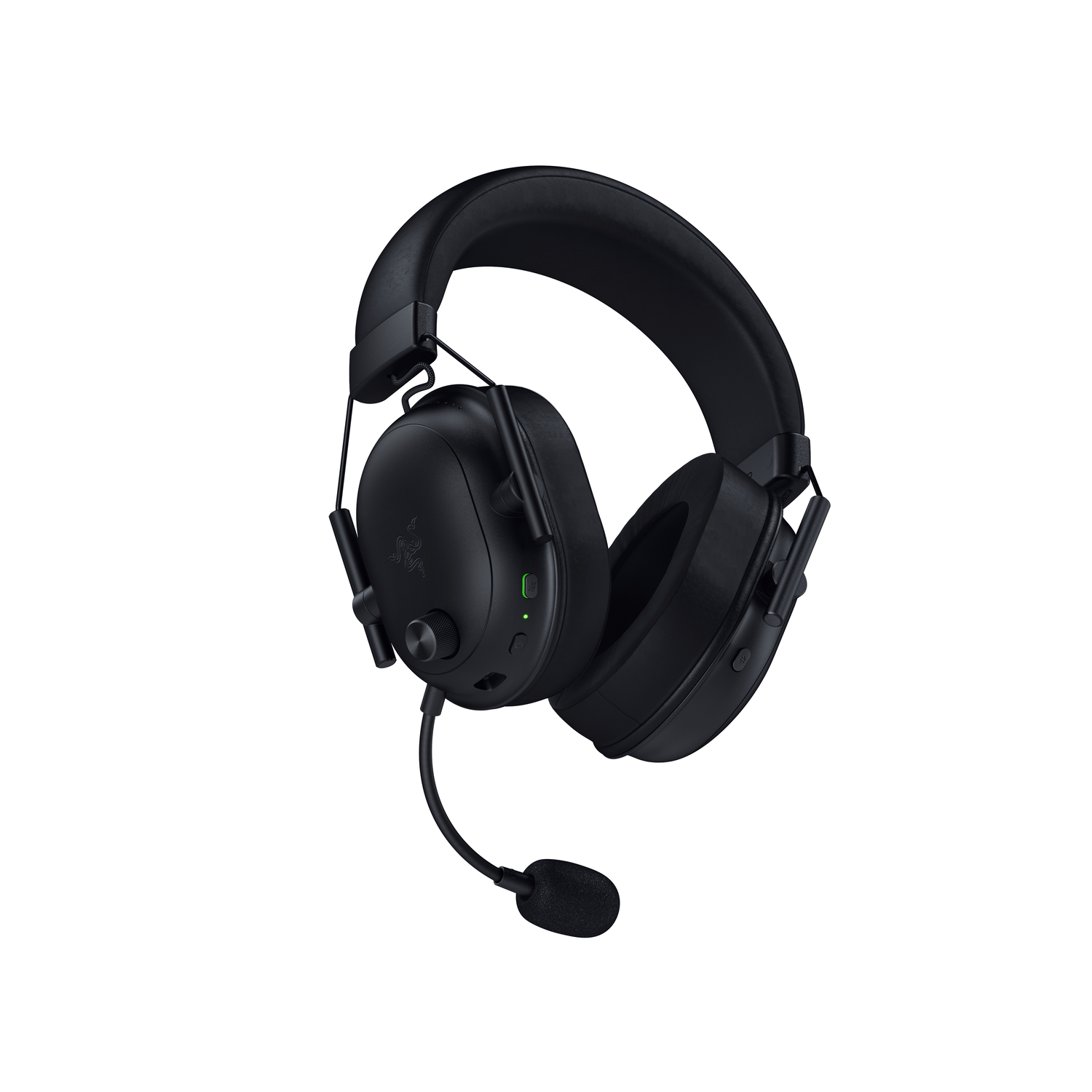 Een zwarte gamingheadset met een microfoon. Hij heeft een volumeregeling en een aan/uit-knop.
