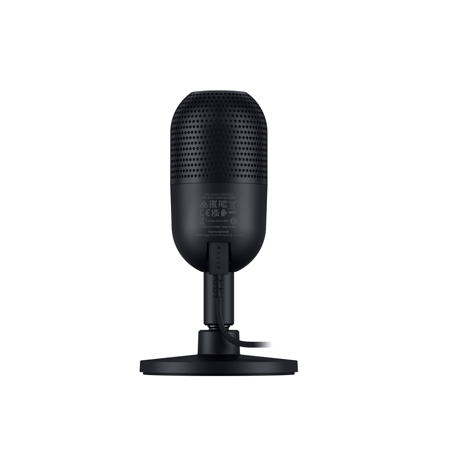 Black Razer microphone with stand. Perforated head. Black base and stand on a white background.