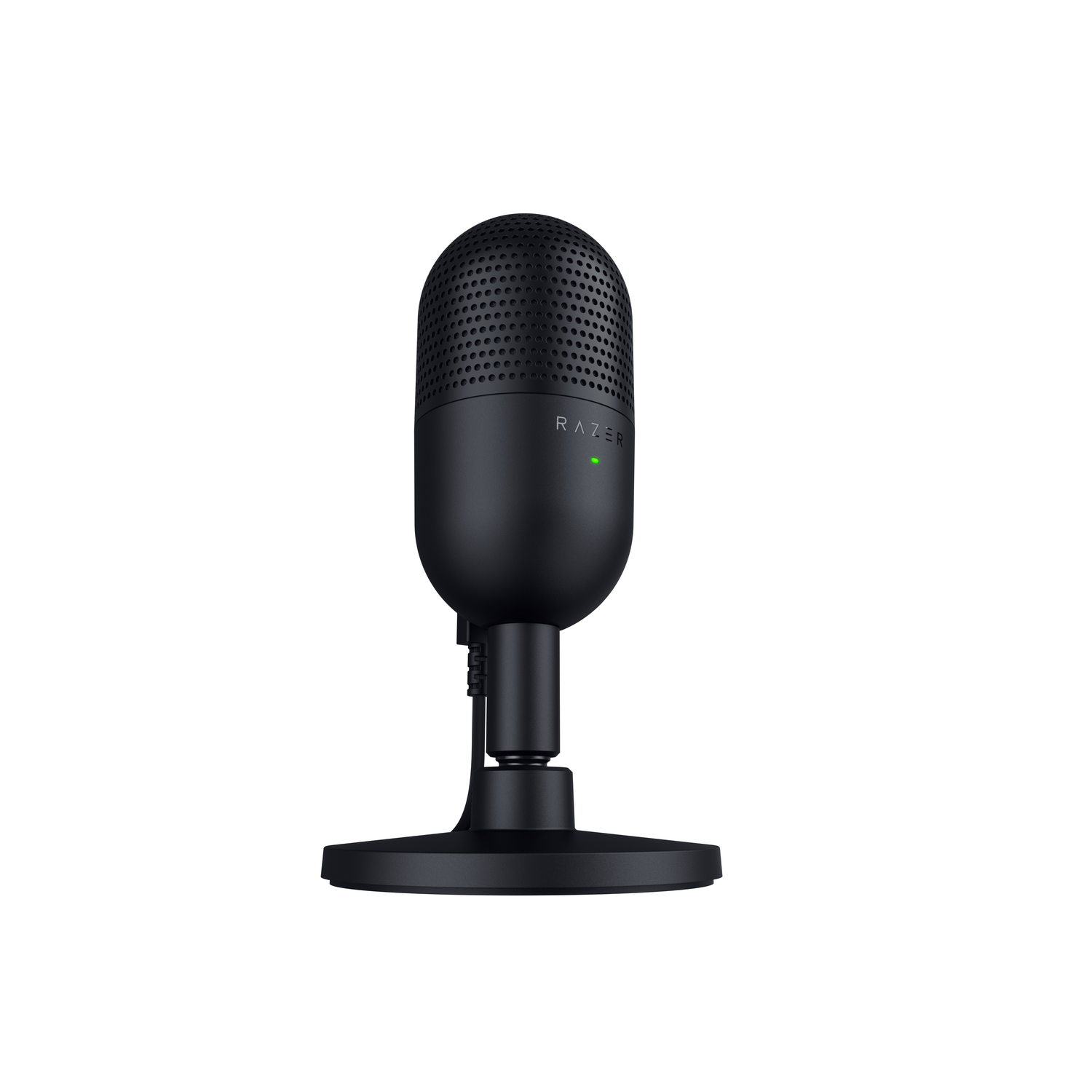 A black Razer microphone on a stand. The Razer logo is visible.