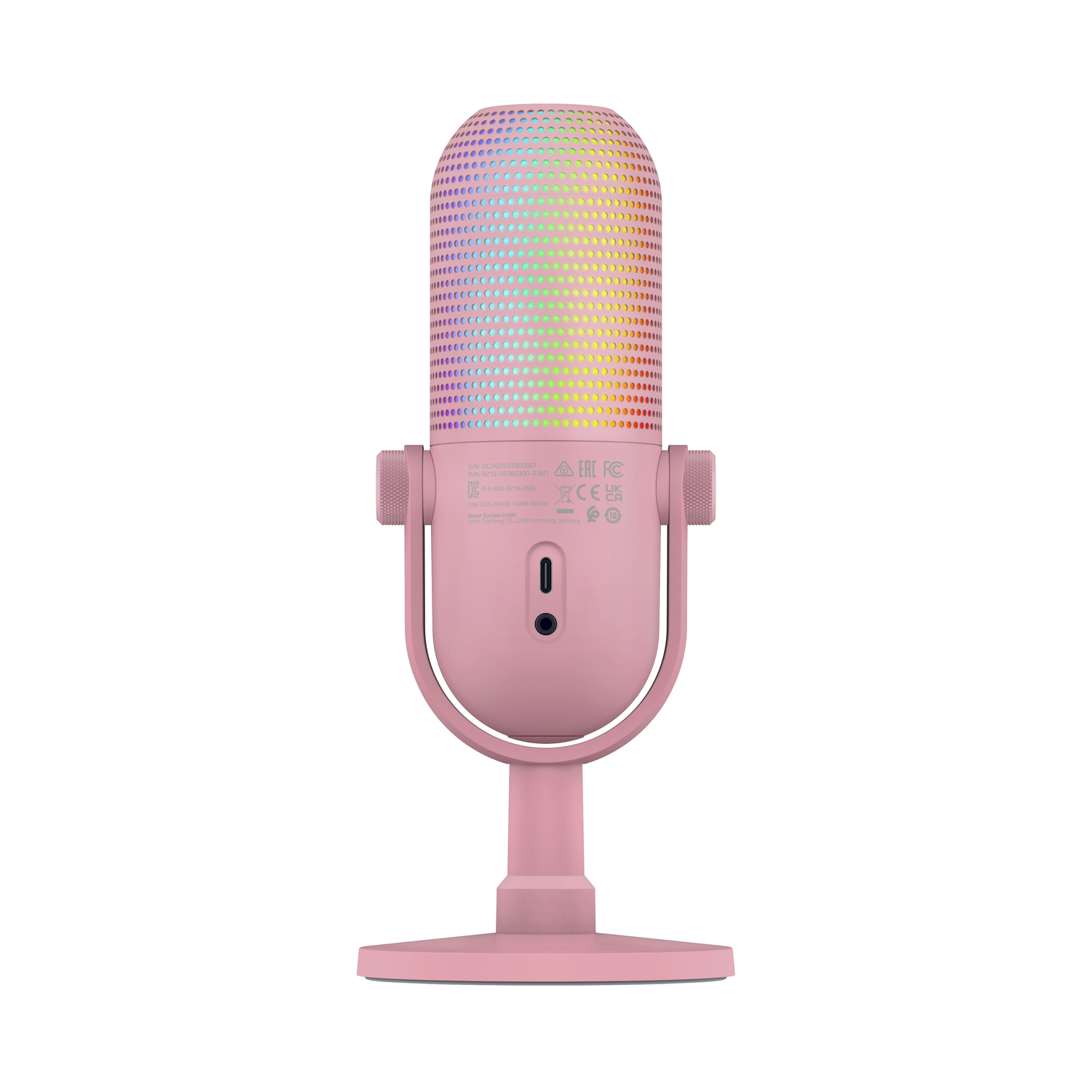 A pink microphone with a colorful top is standing upright on a white background.