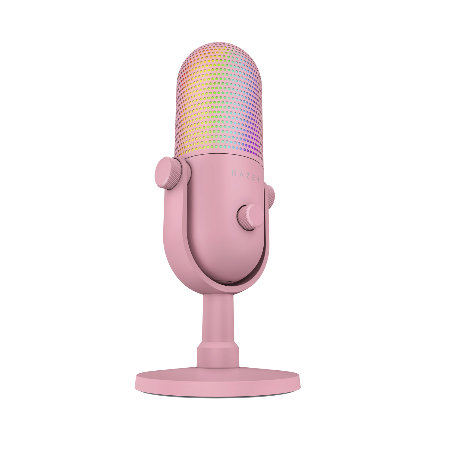 A pink Razer microphone on a stand.