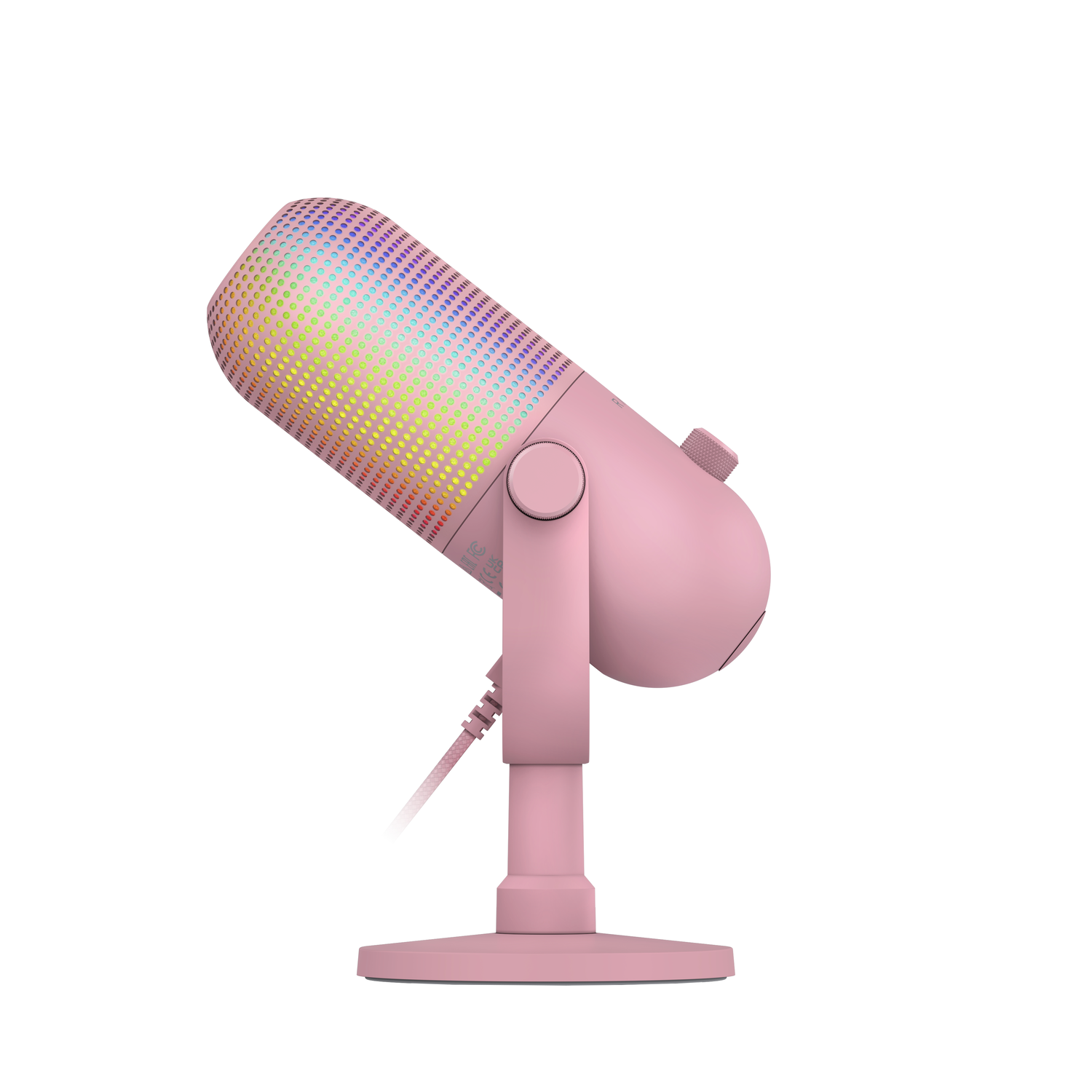 Pink microphone on a stand, white background. The microphone has a colorful top.