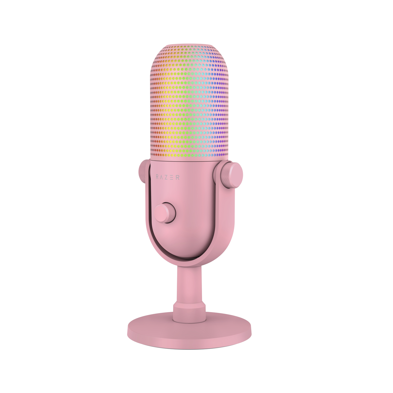 A pink Razer microphone with a rainbow-colored mesh top and a circular base.