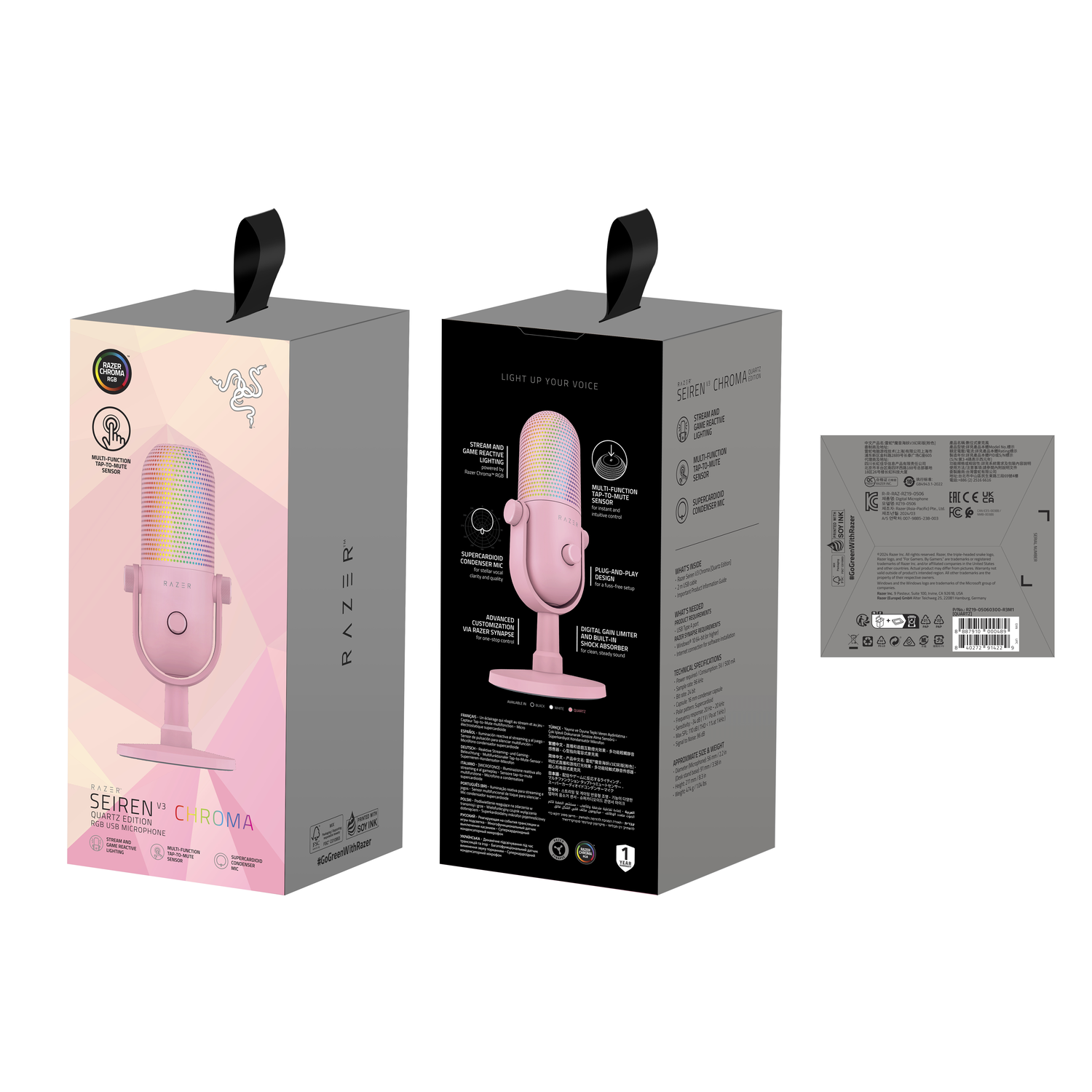 Pink Razer Seiren Chroma microphone box with product details. Black handle on top. Microphone inside.