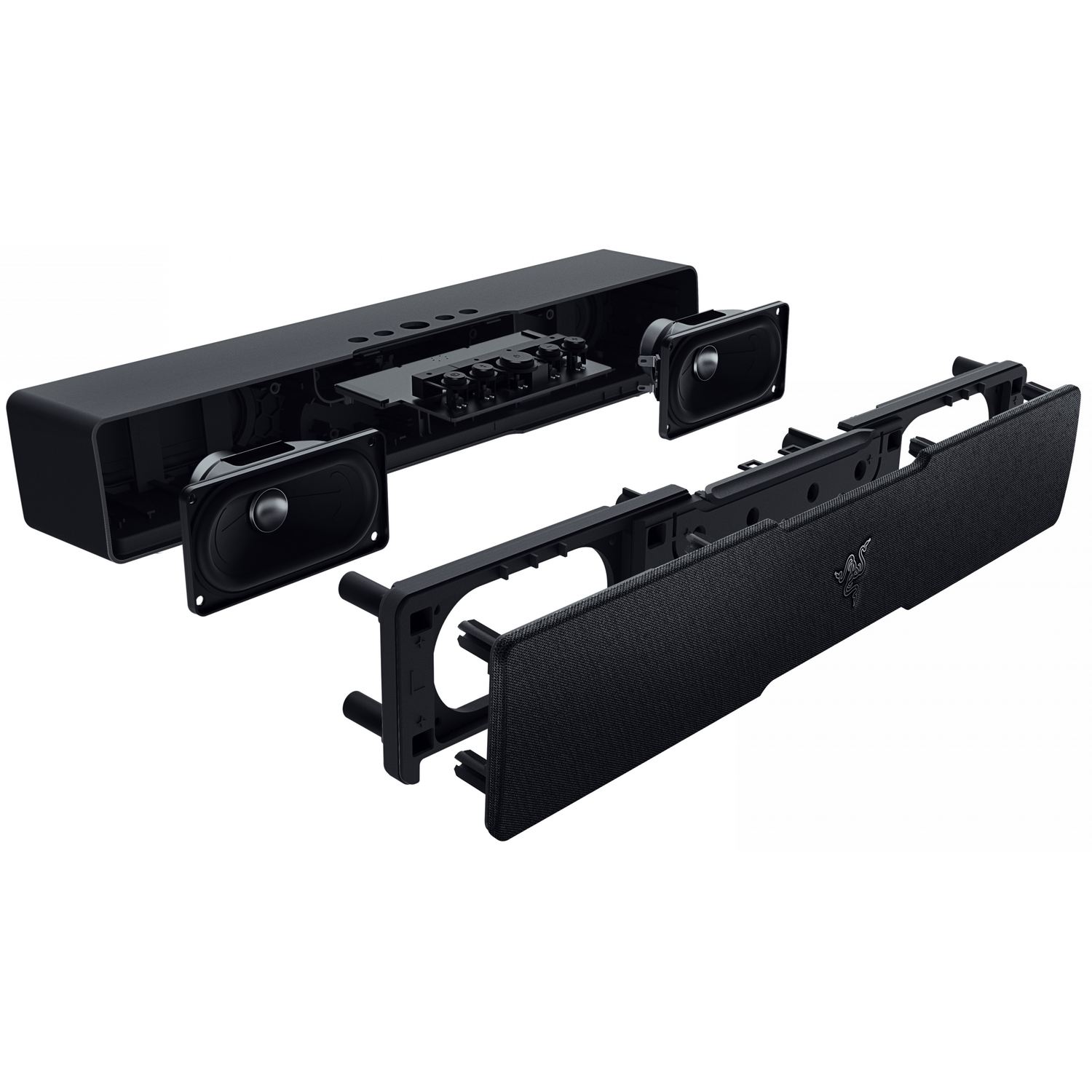 Een gedemonteerde zwarte soundbar met zichtbare luidsprekers en interne componenten.