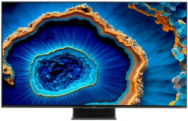 Mavi ve turuncu soyut bir görüntü, modern bir stand sergileyen büyük TV ekranı.