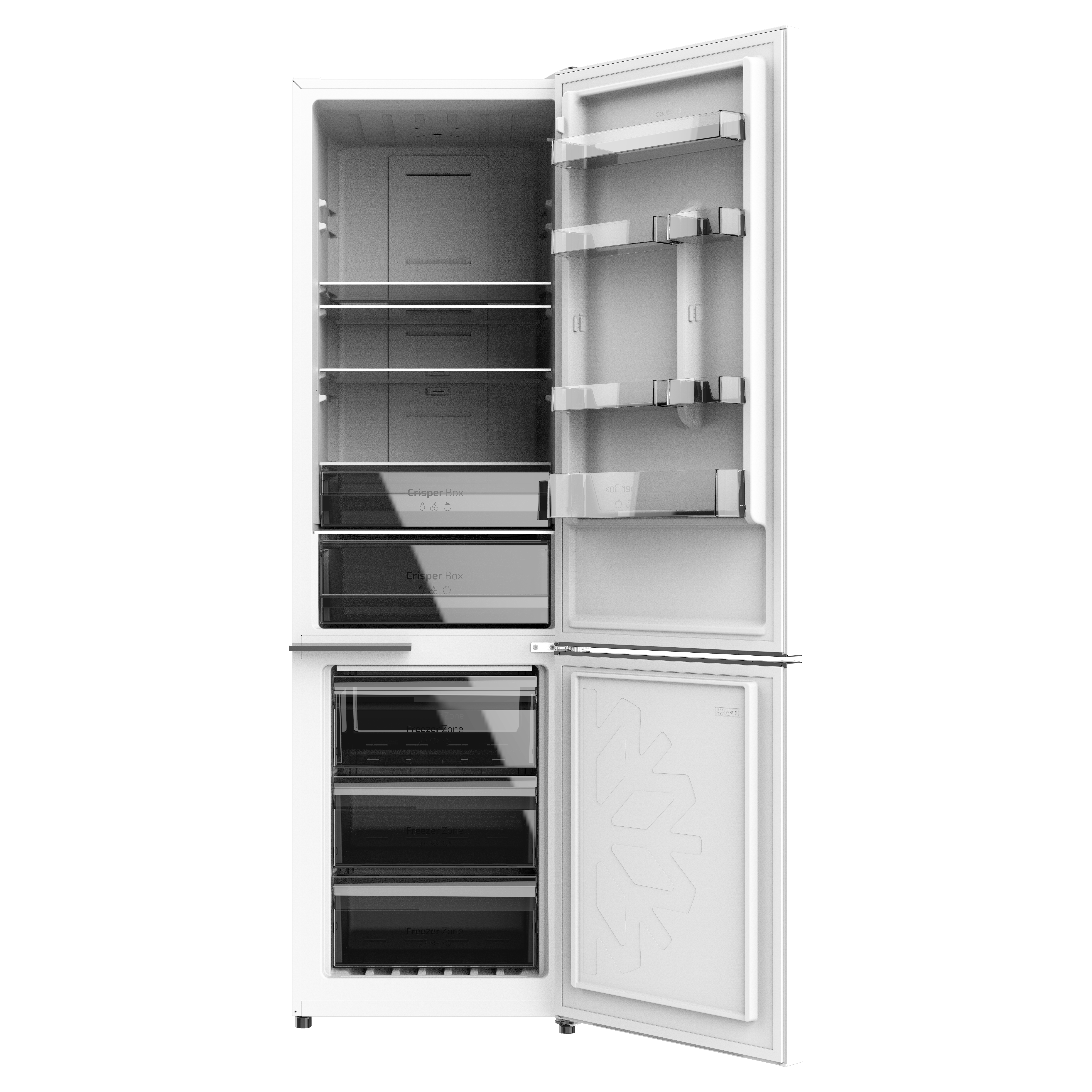 Un refrigerador blanco abierto con estantes, cajones y un compartimento congelador. Las puertas están abiertas.