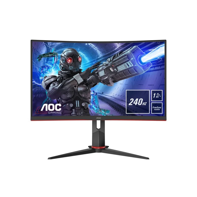 Monitor curvo negro con detalles rojos. Muestra una escena de juego.