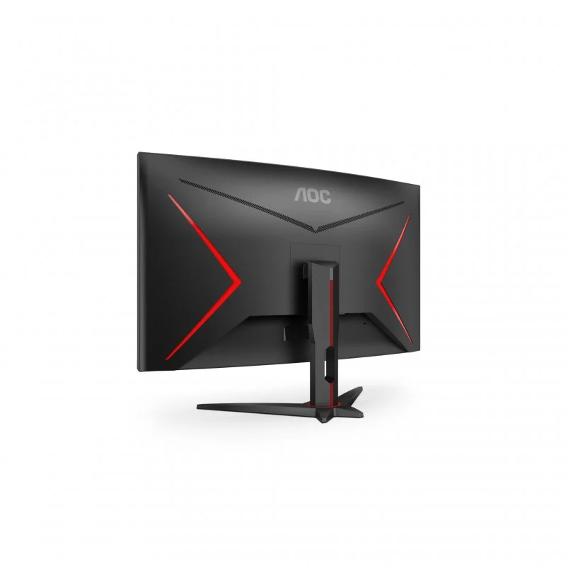 Parte trasera de un monitor AOC negro con detalles rojos. El soporte es negro y el fondo blanco.