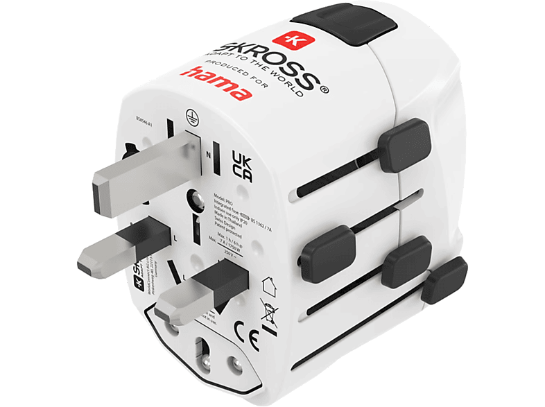 Adaptador de viaje - Hama 00223471, Universal, 3 Clavijas, 1750 W, 100 V-250 V, Blanco